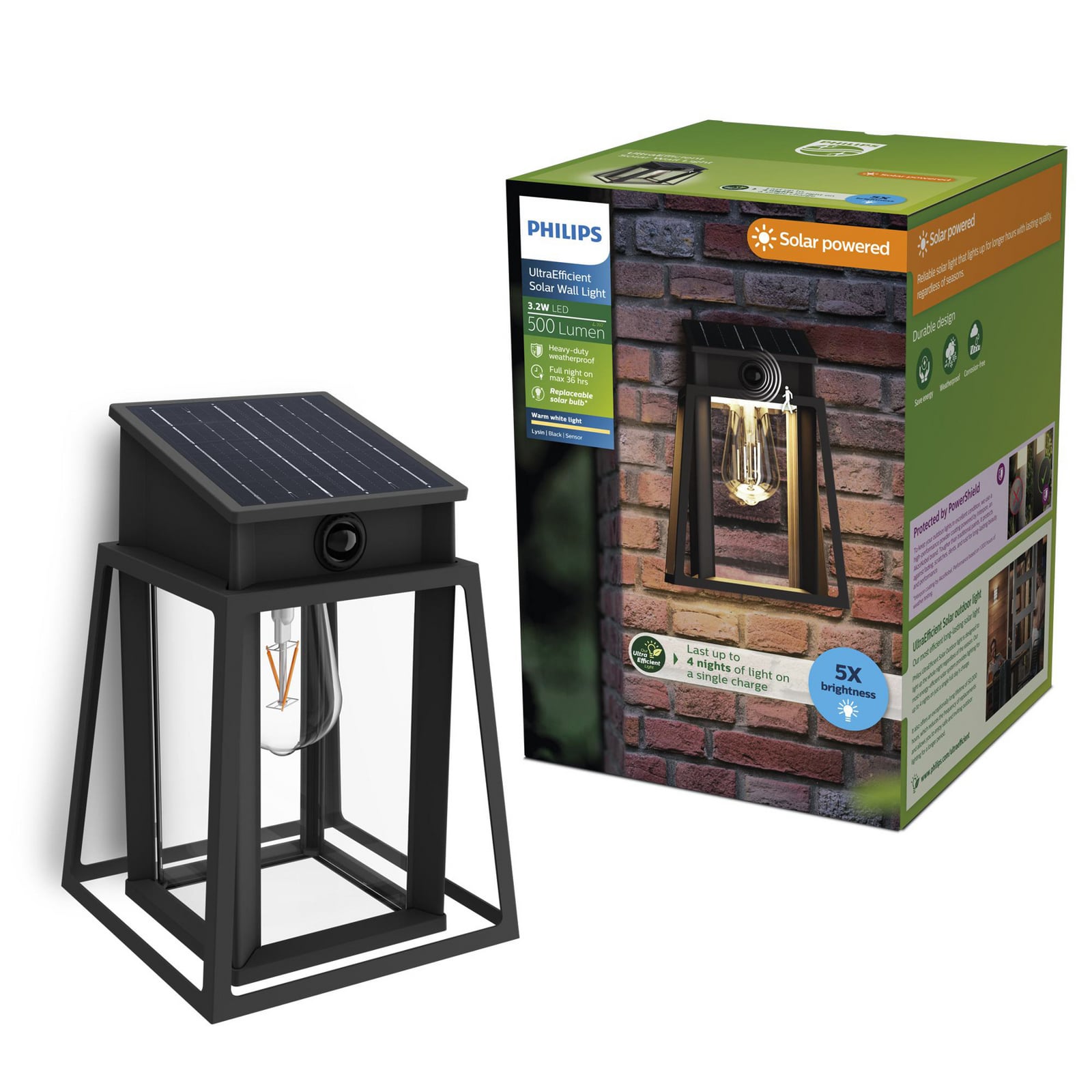 LED solcellevegglampe Lysin med bevegelsessensor IP44 Philips bryter