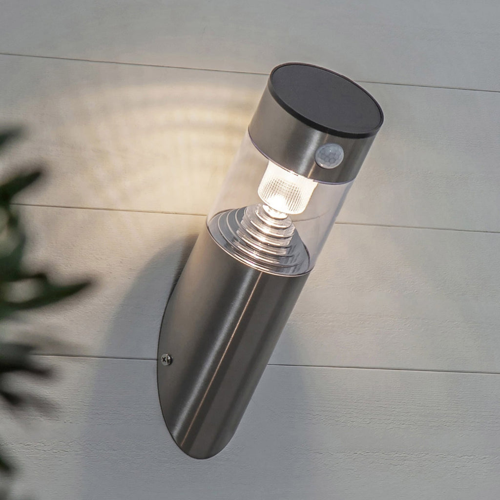 LED solcellevegglampe Marbella med bevegelsessensor sølv forfra
