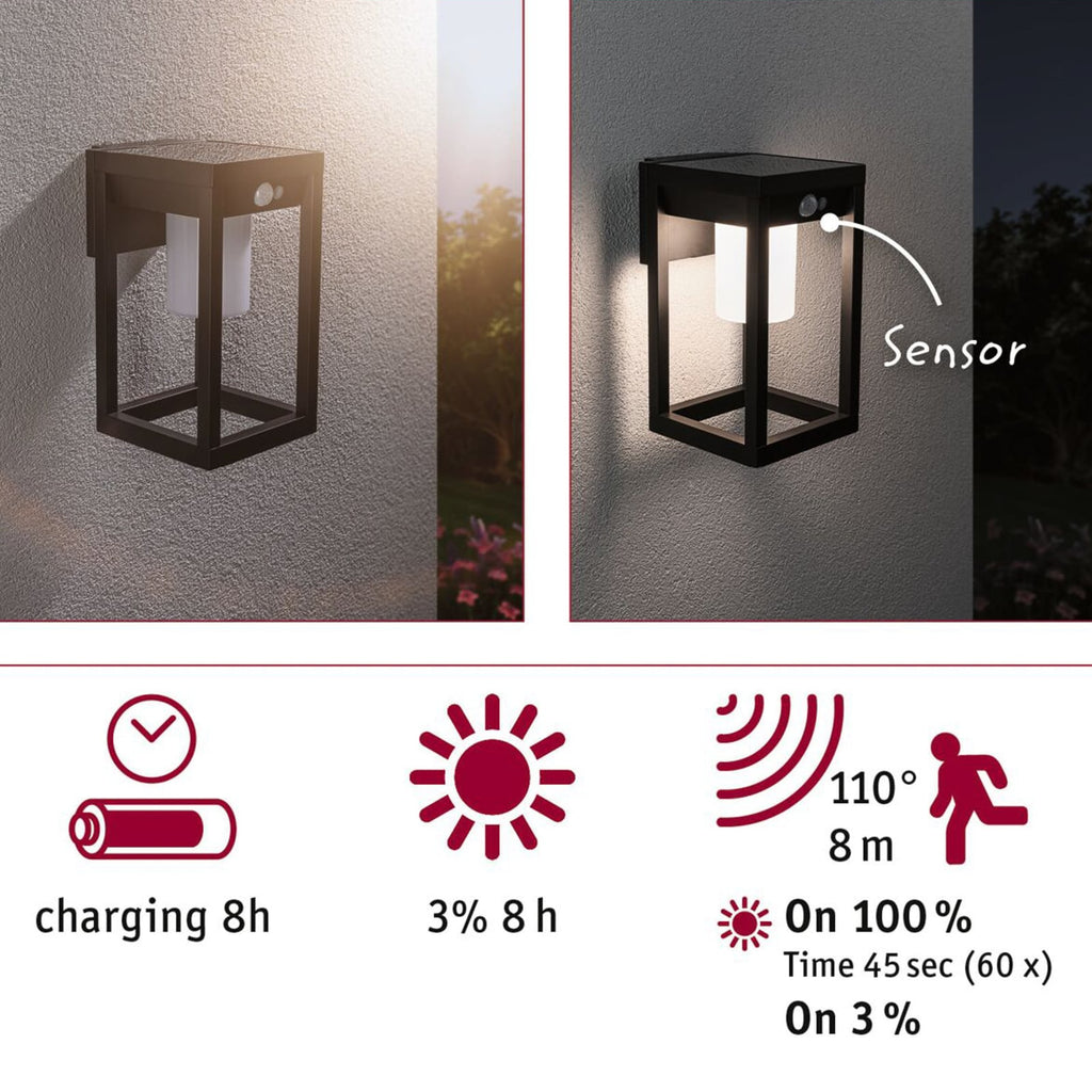 LED solcellevegglampe Marisol oversikt fra siden