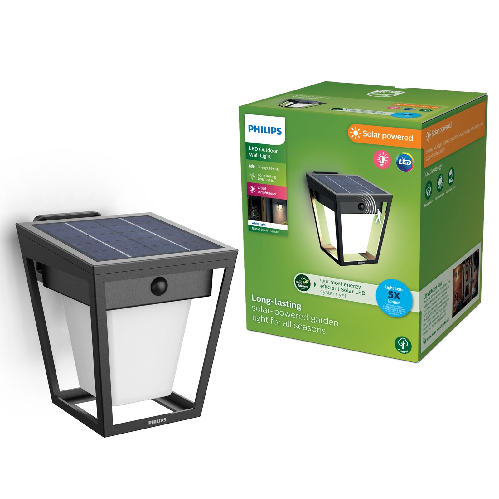 Montert LED solcellevegglampe Nissa med bevegelsessensor IP44 Philips