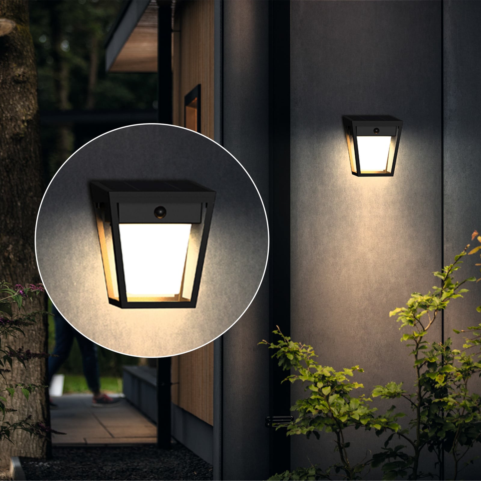 Nærbilde av bevegelsessensor på LED solcellevegglampe Nissa med bevegelsessensor IP44 Philips
