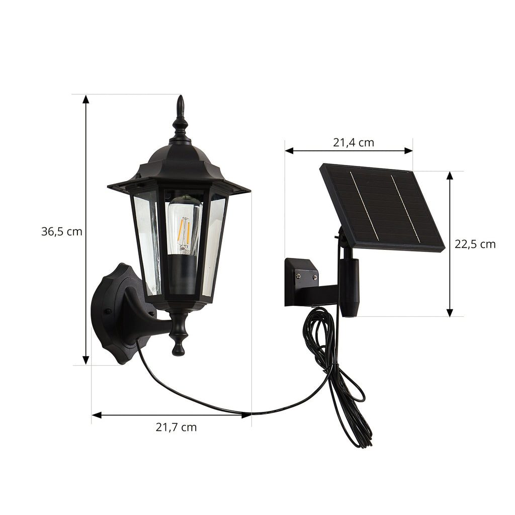 LED solcellevegglampe Sayata lanterne svart aluminium IP44 nærbilde av solcellepanel