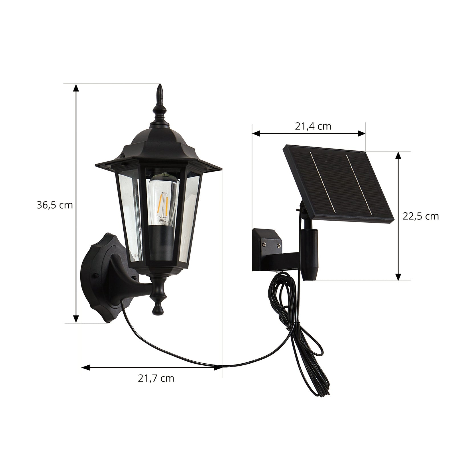 LED solcellevegglampe Sayata lanterne svart aluminium IP44 nærbilde av solcellepanel