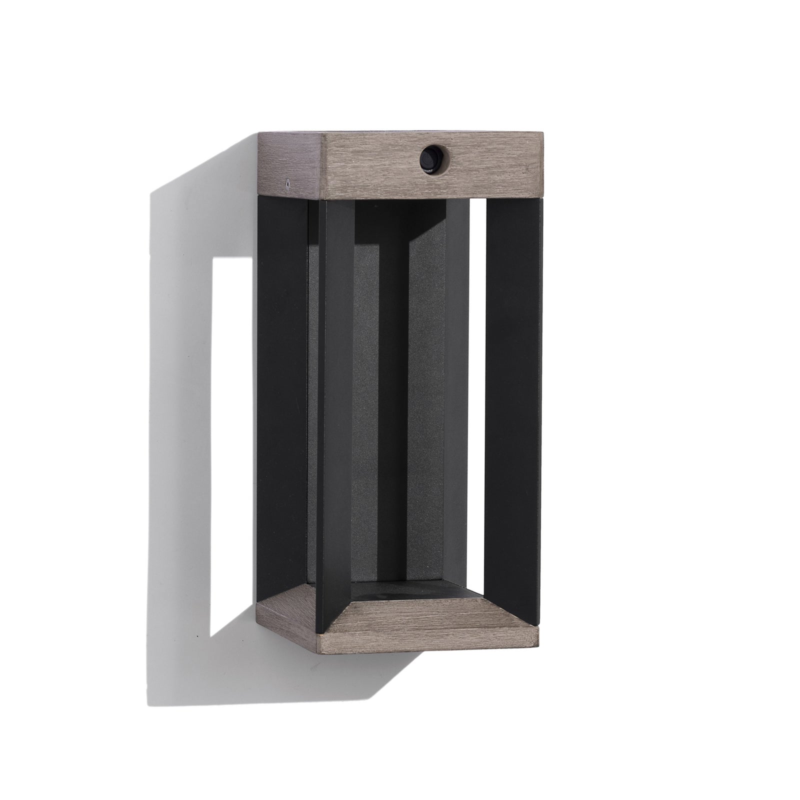 LED solcellevegglampe Teckalu svart/teak nærbilde av teak og aluminium