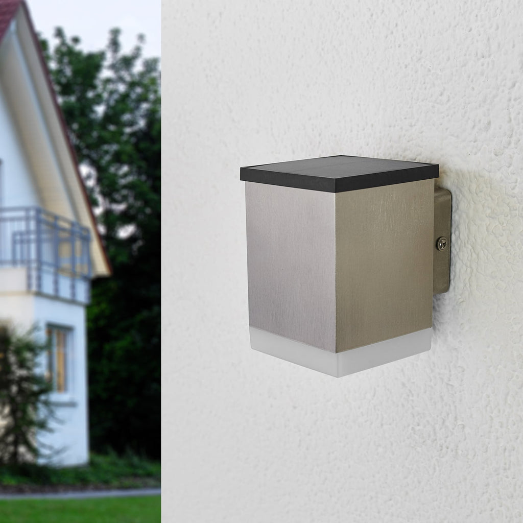 LED solcellevegglampe Tyson firkantet rustfritt stål IP44 bakside