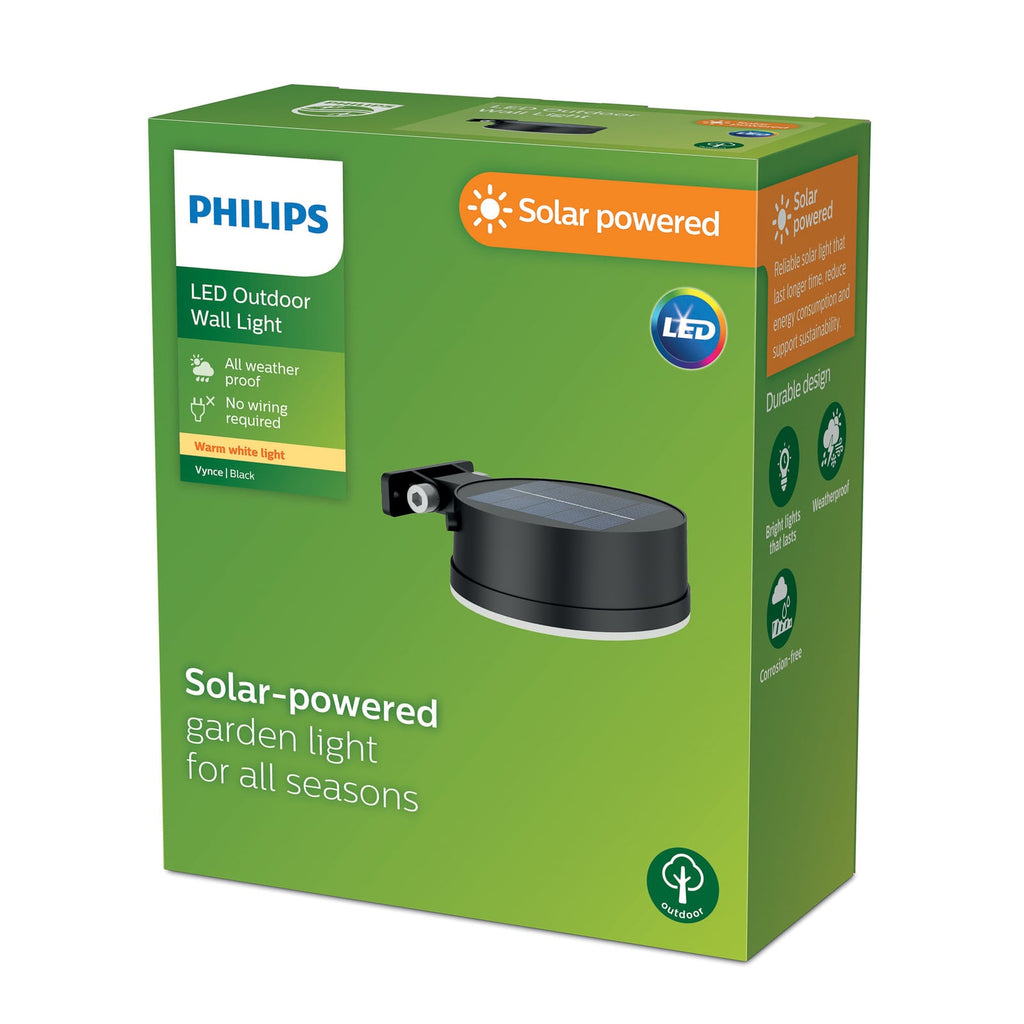LED solcellevegglampe Vynce svart IP44 Philips montert på vegg