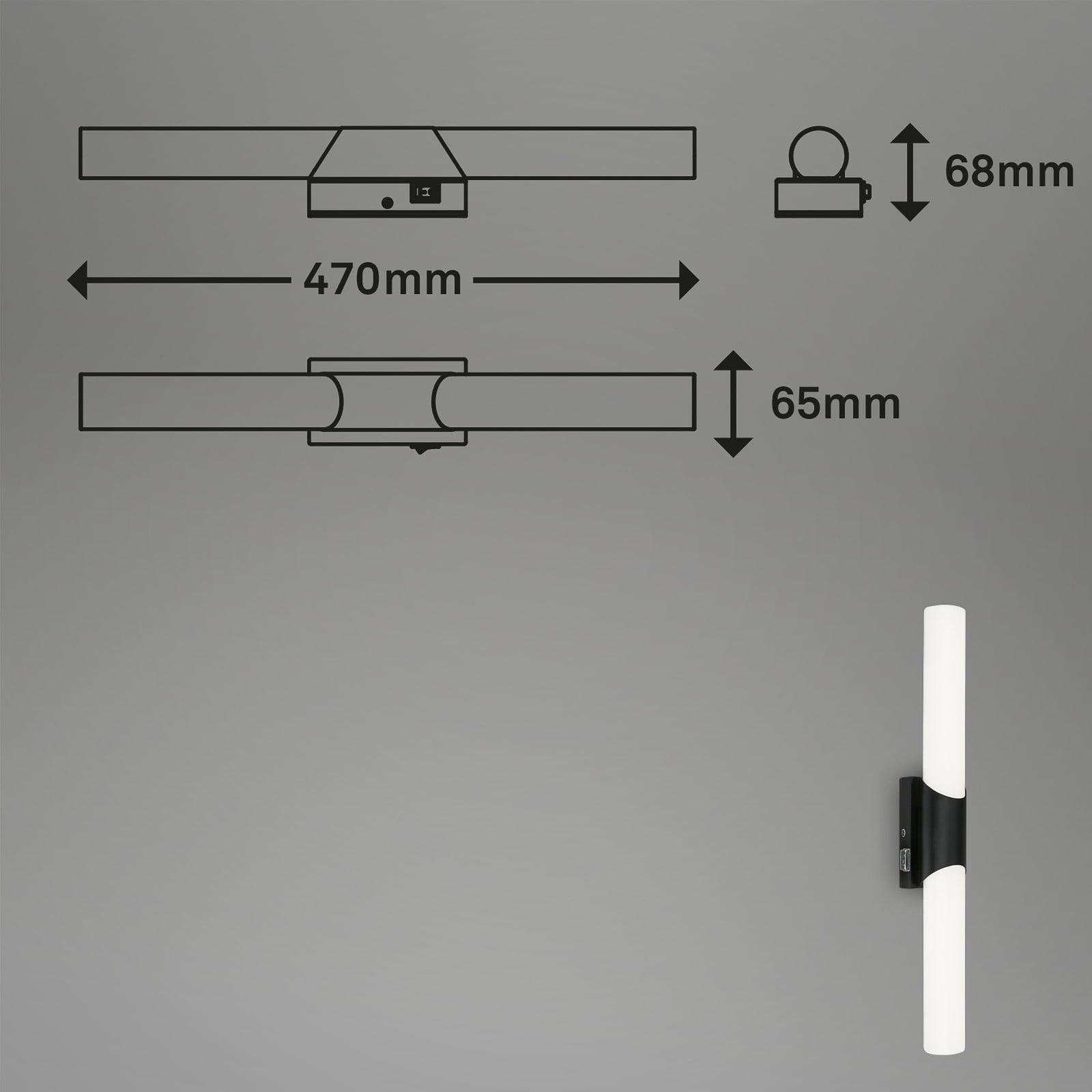 Nærbilde av LED speillampe Klak 2-lys svart 47 cm IP44 bryter