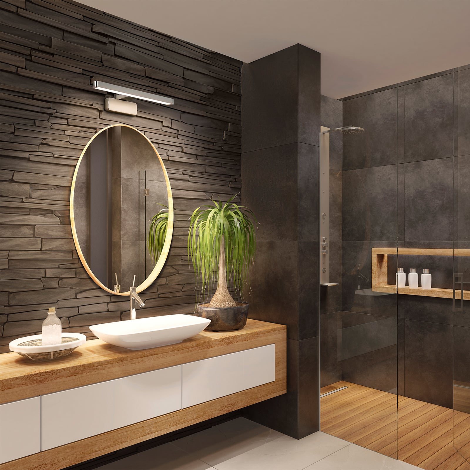 LED speillampe ORBIS DISC BAR krom detalj av bryter