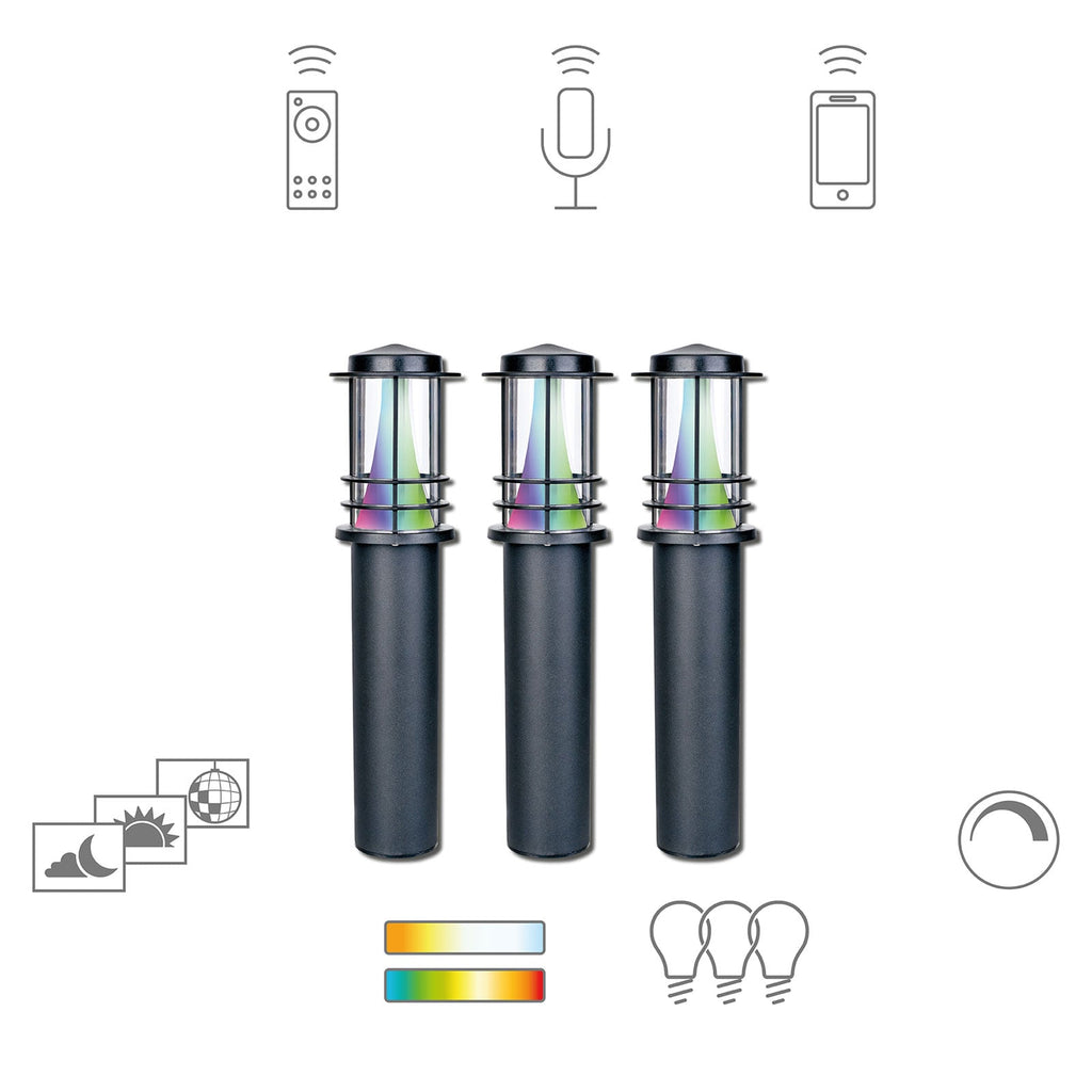 LED sti-lampe 3-pk Petunia RGB Zigbee IP44 svart forfra
