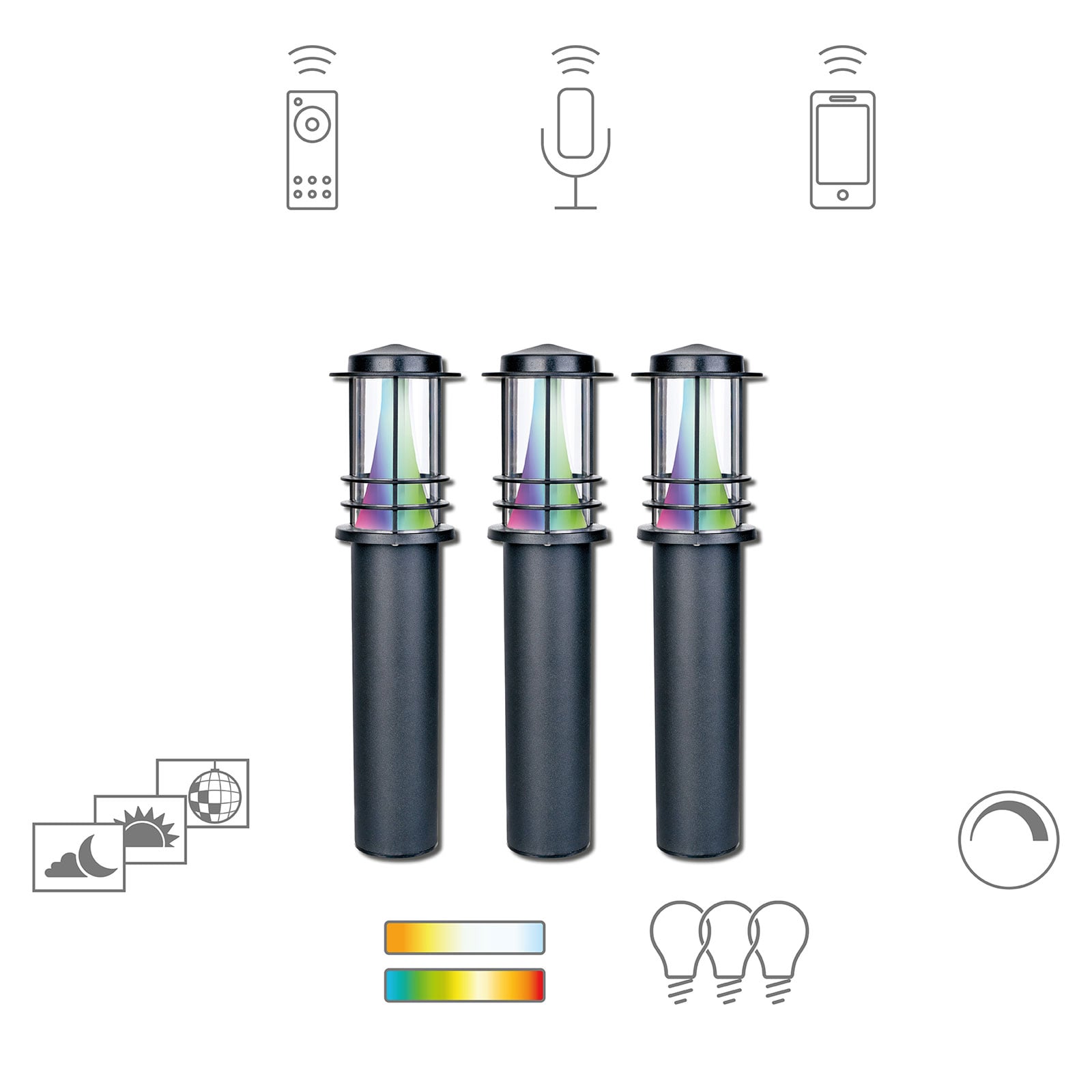 LED sti-lampe 3-pk Petunia RGB Zigbee IP44 svart forfra