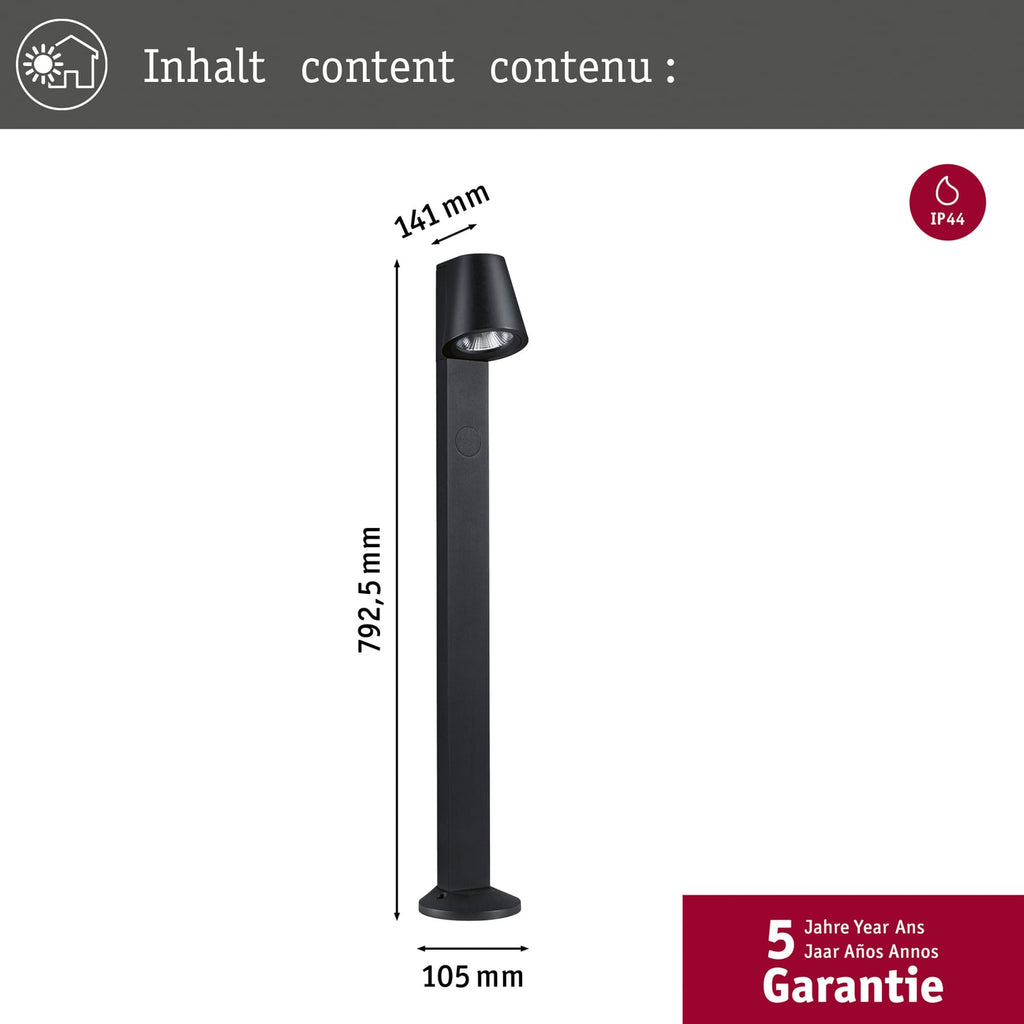 LED sti-lampe Caissa med bevegelsessensor antrasitt IP44 pakket og klar til montering