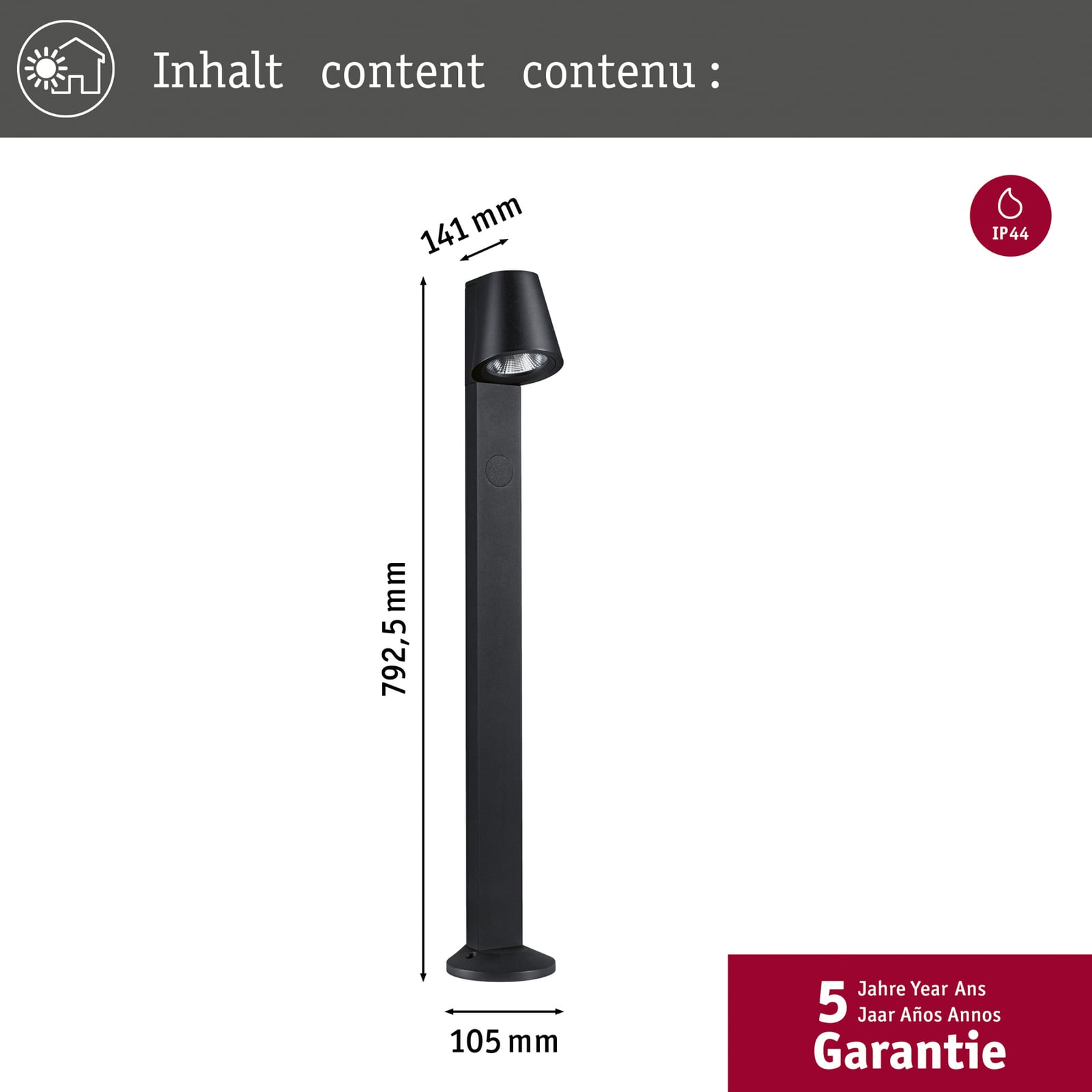 LED sti-lampe Caissa med bevegelsessensor antrasitt IP44 pakket og klar til montering