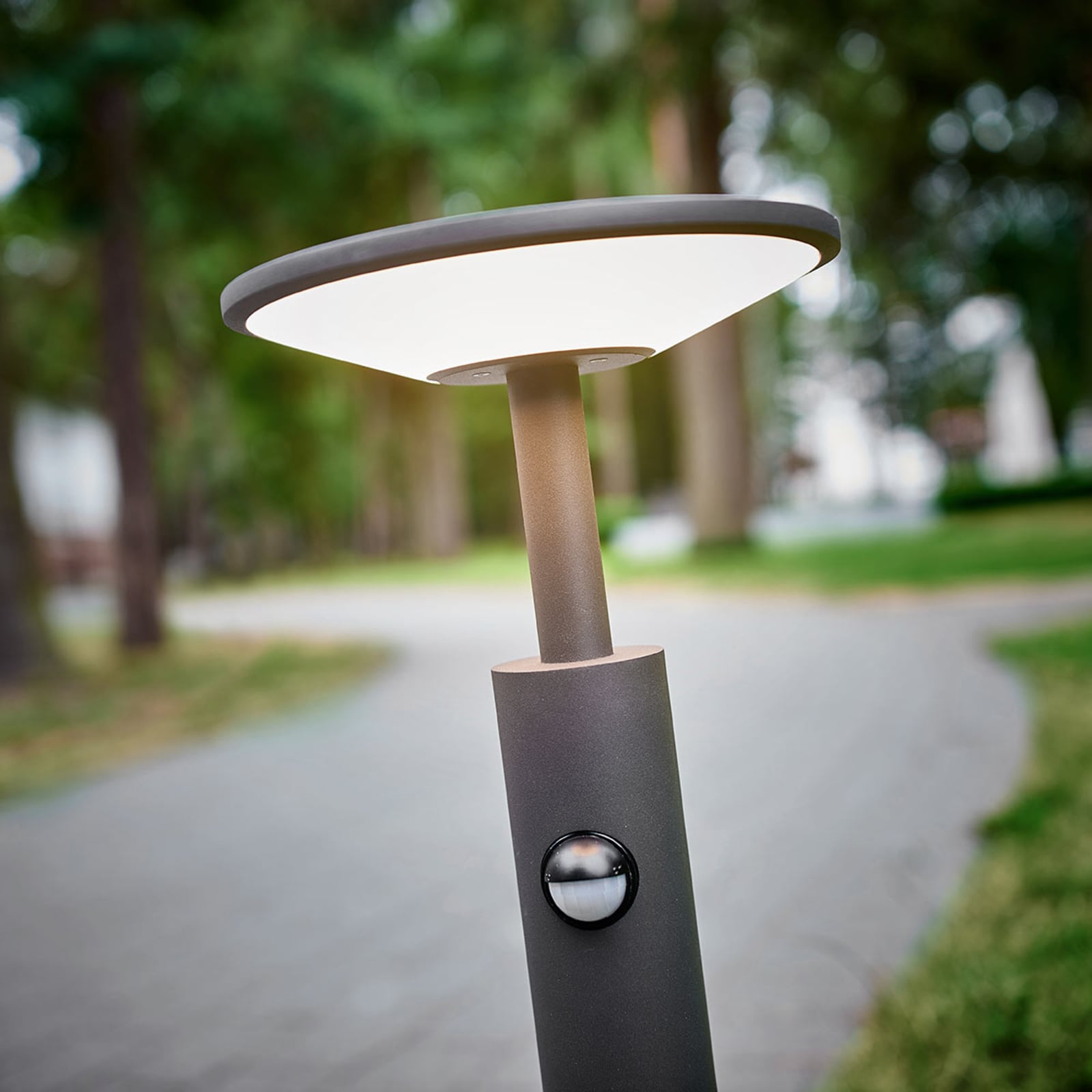 LED sti-lampe Fenia med bevegelsessensor montert i hage