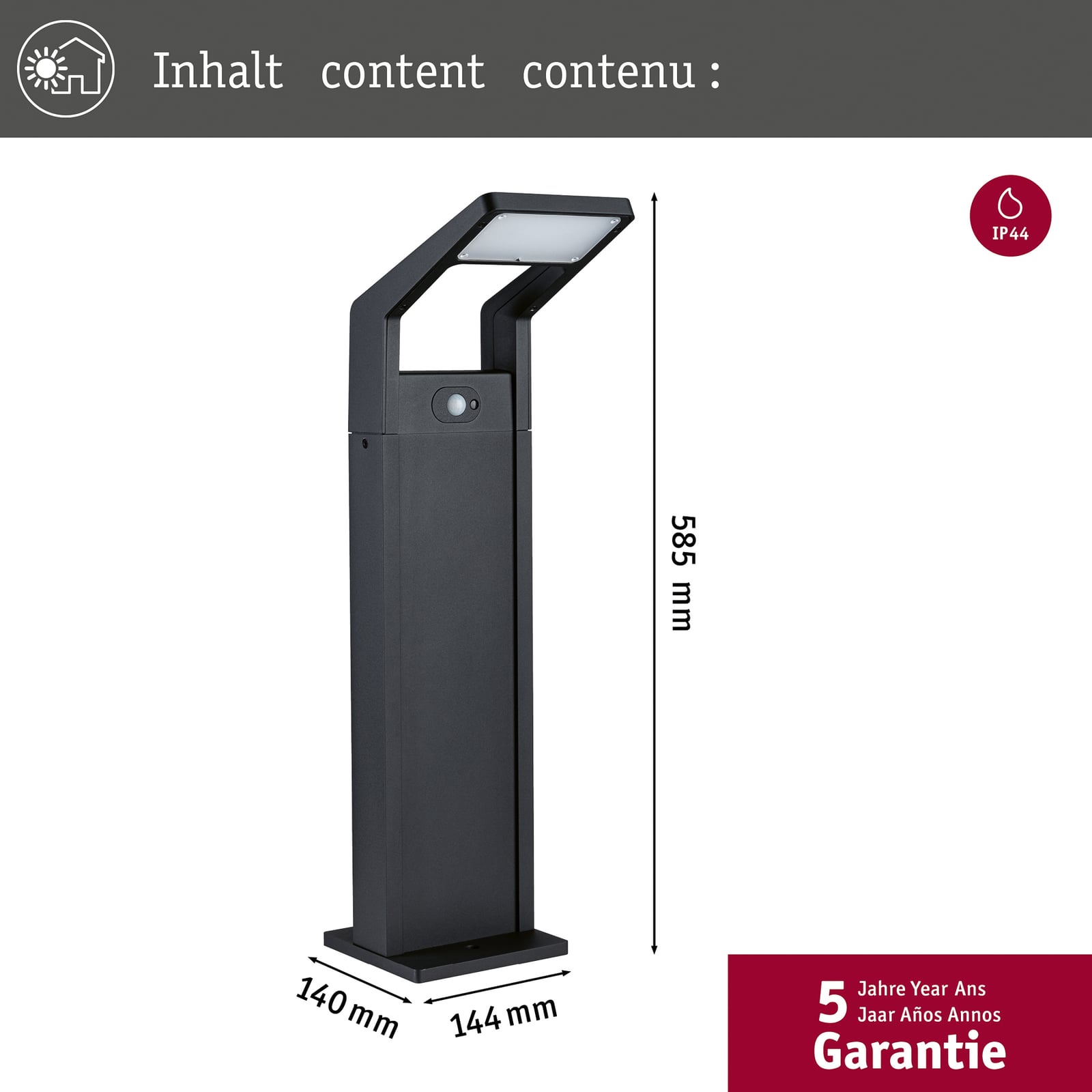 LED sti-lampe Juntea med bevegelsessensor antrasitt lys i mørket