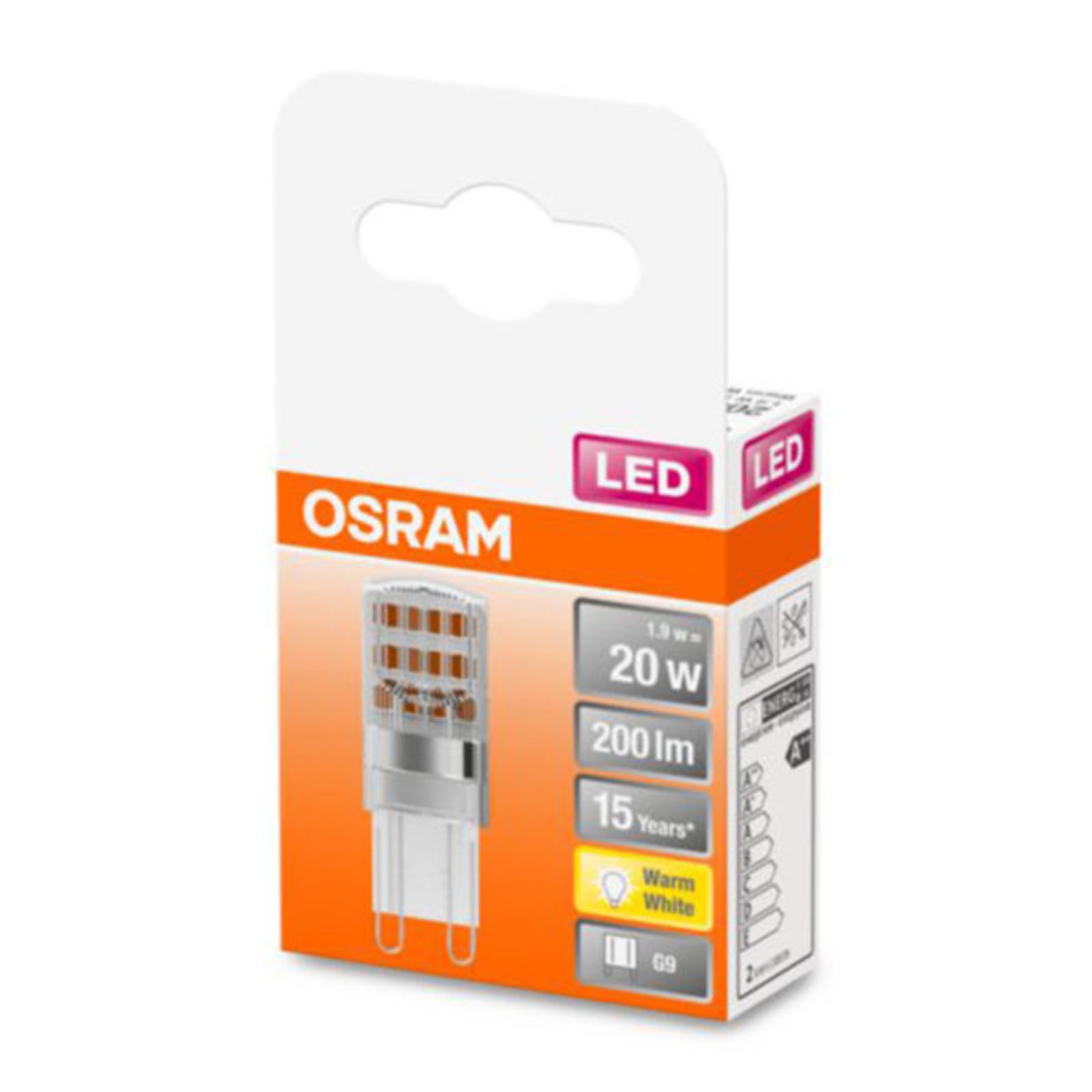 Detalj av LED stiftpære G9 1,9W 2700K klar 200 lm OSRAM