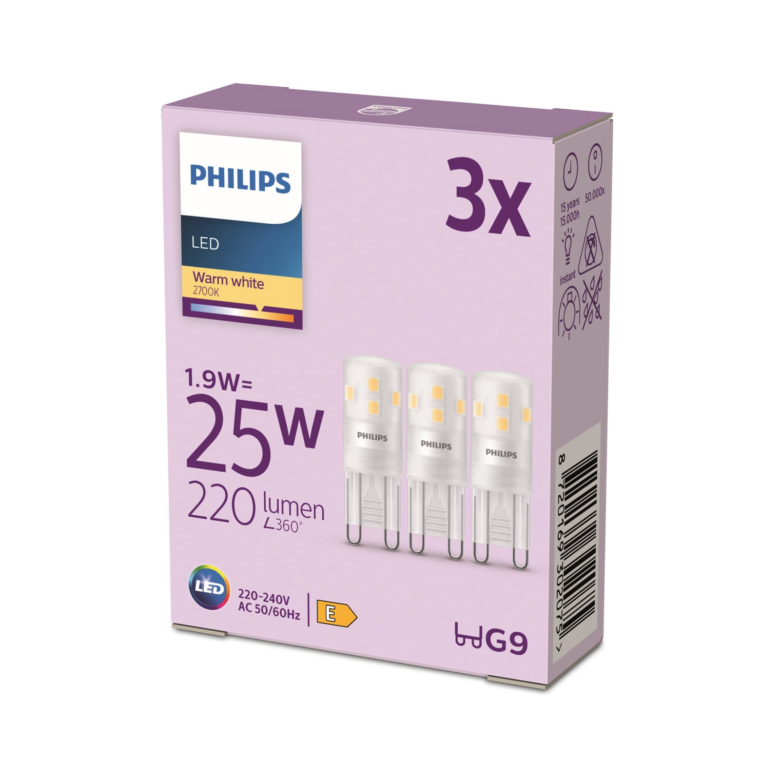 LED stiftpære G9 1,9W 2700K 220lm matt 3-pakning Philips forfra