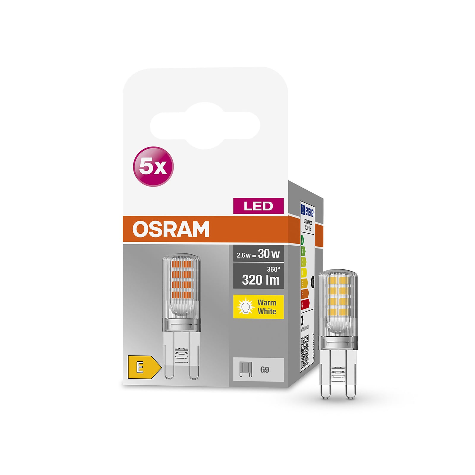 LED stiftpære G9 2,6W 320lm 2700K klar 5-pakning - OSRAM montert