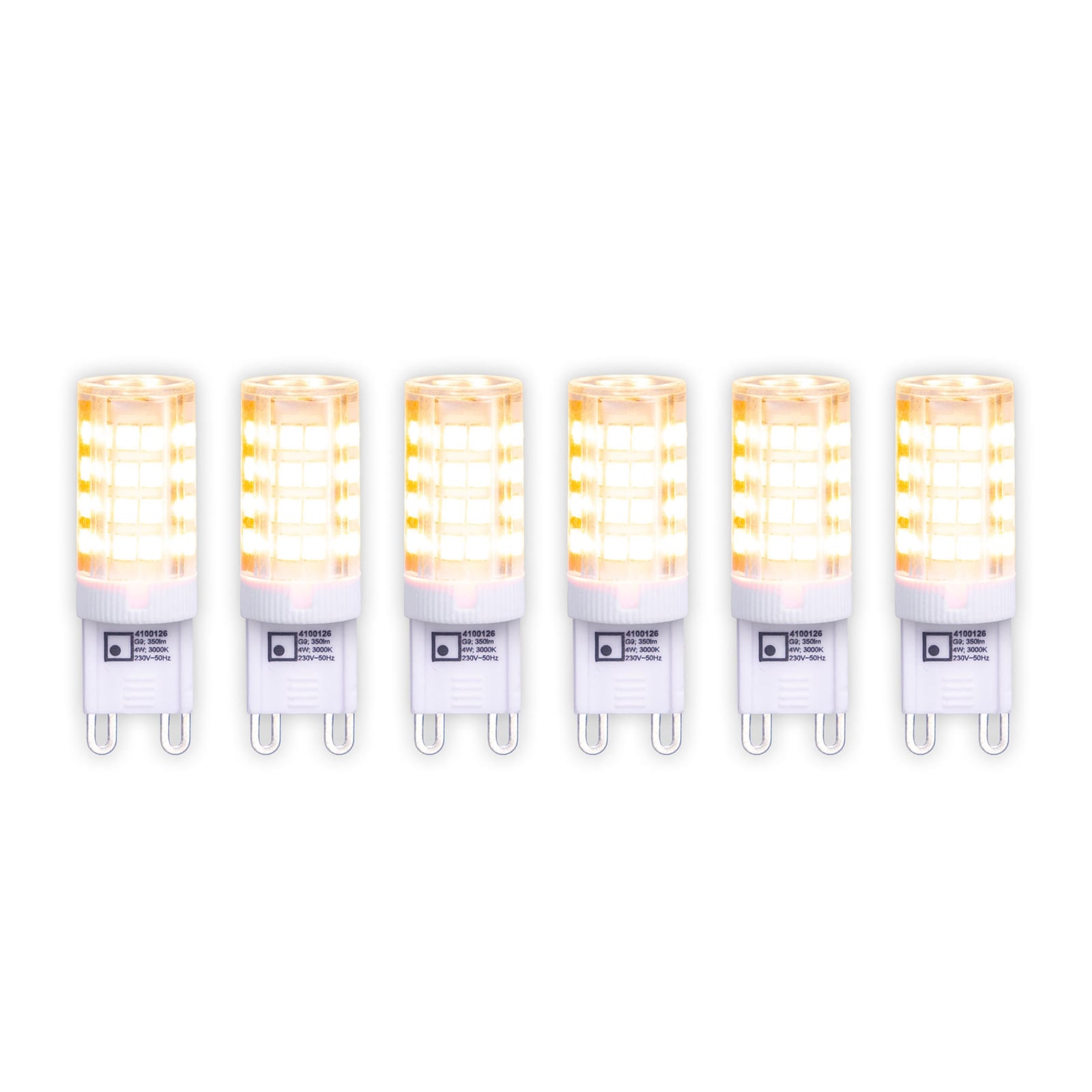 LED stiftpære G9 3,5W varmhvit 350lm klar 6-pakning forfra