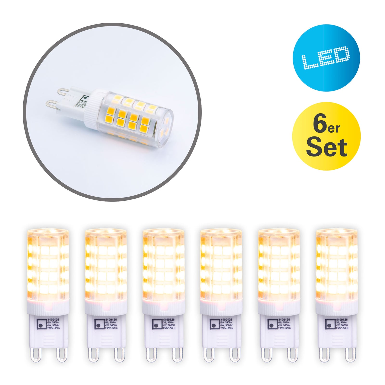 LED stiftpære G9 3,5W varmhvit 350lm klar 6-pakning side