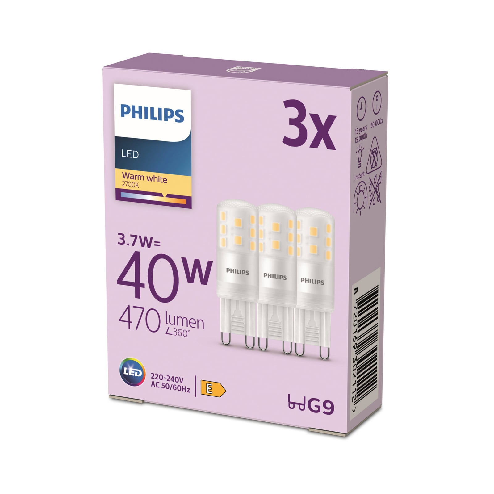 LED stiftpære G9 3,7W 470lm 2700K matt 3-pakning Philips forfra