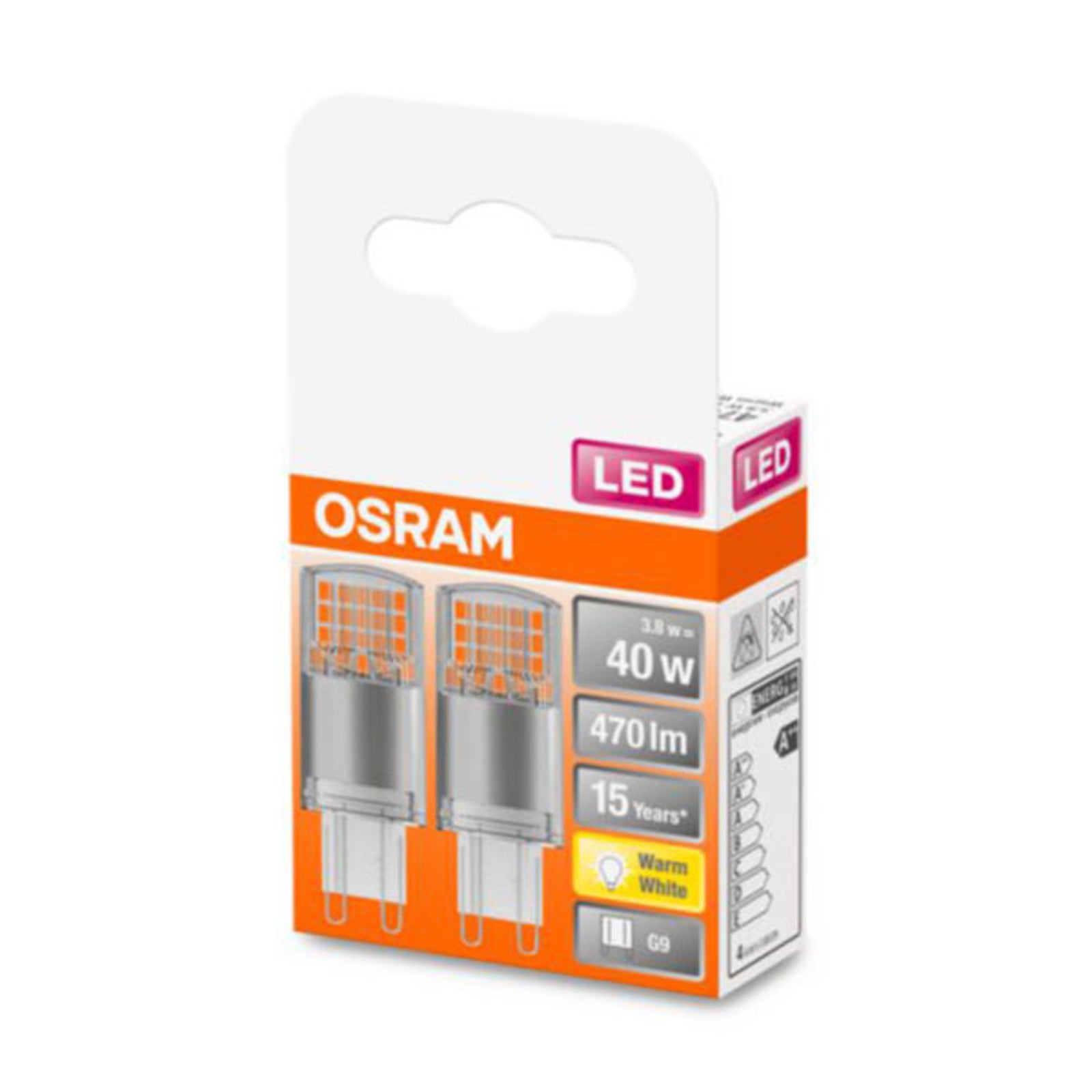 Detaljbilde av LED stiftpære G9 4,2W 2700K klar 2-pakning OSRAM