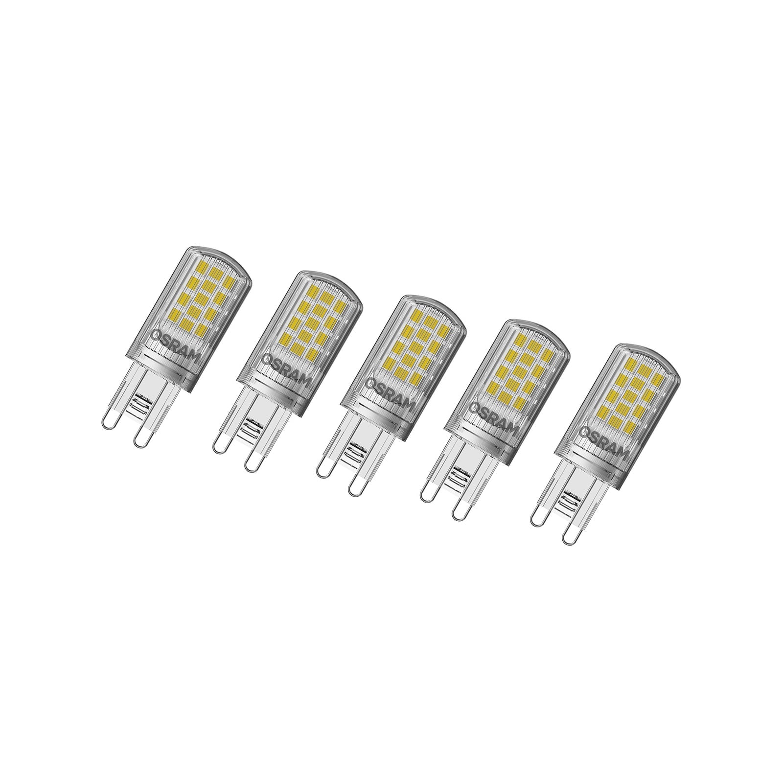 LED stiftpære G9 4,2W 470lm 2700K klar 5-pakning OSRAM forfra