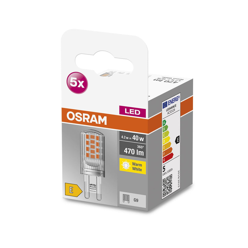 LED stiftpære G9 4,2W 470lm 2700K klar 5-pakning OSRAM detalj