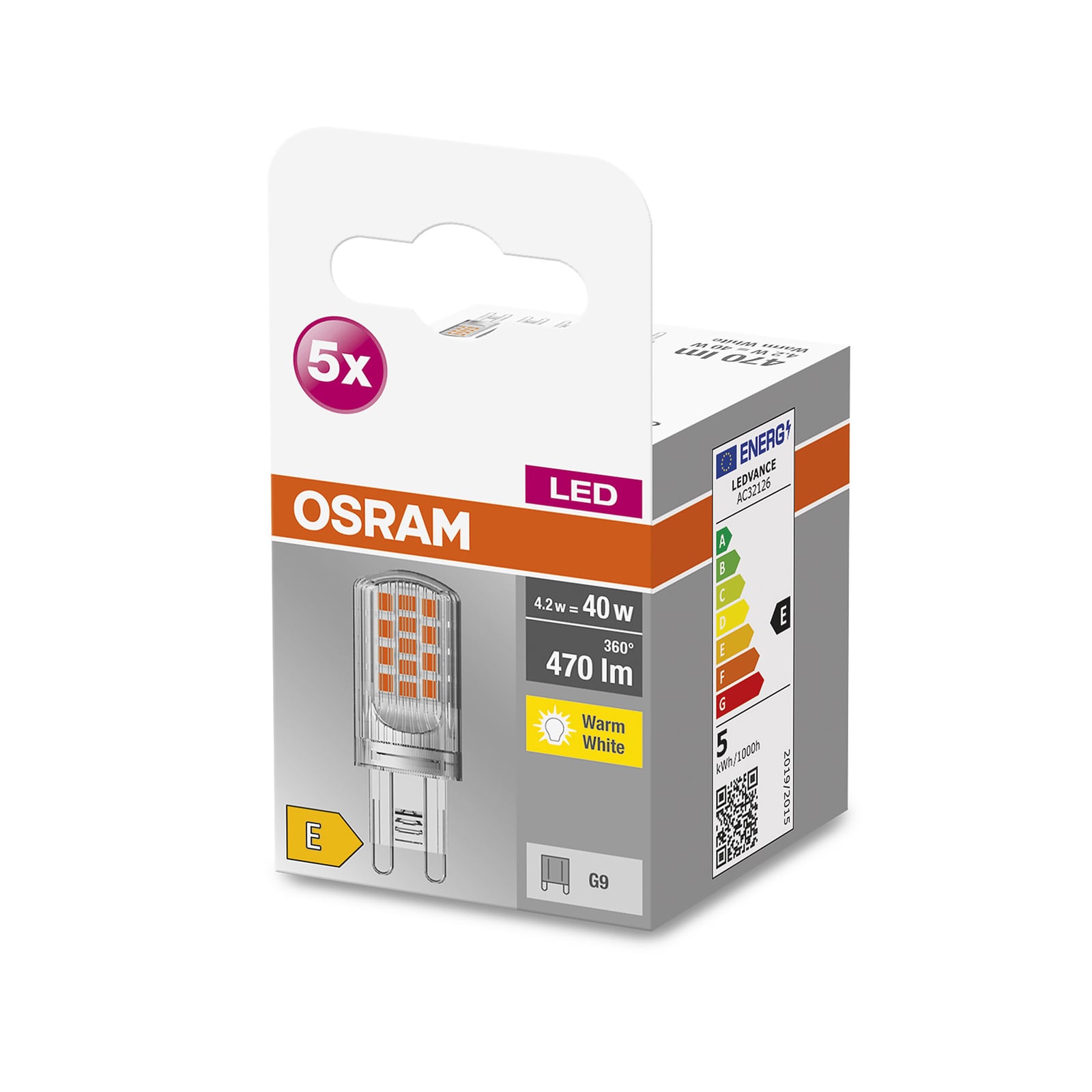 LED stiftpære G9 4,2W 470lm 2700K klar 5-pakning OSRAM detalj