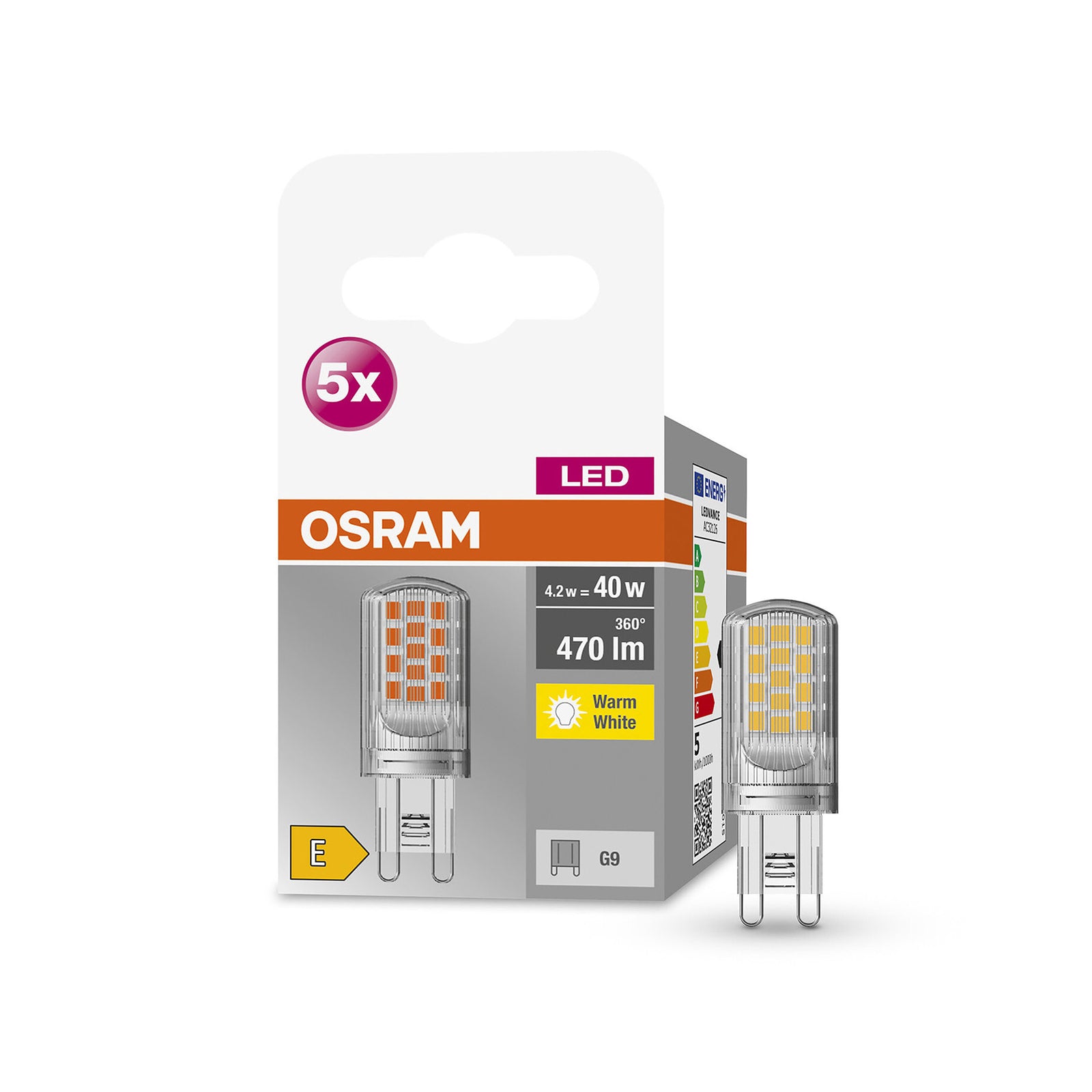 LED stiftpære G9 4,2W 470lm 2700K klar 5-pakning OSRAM montert