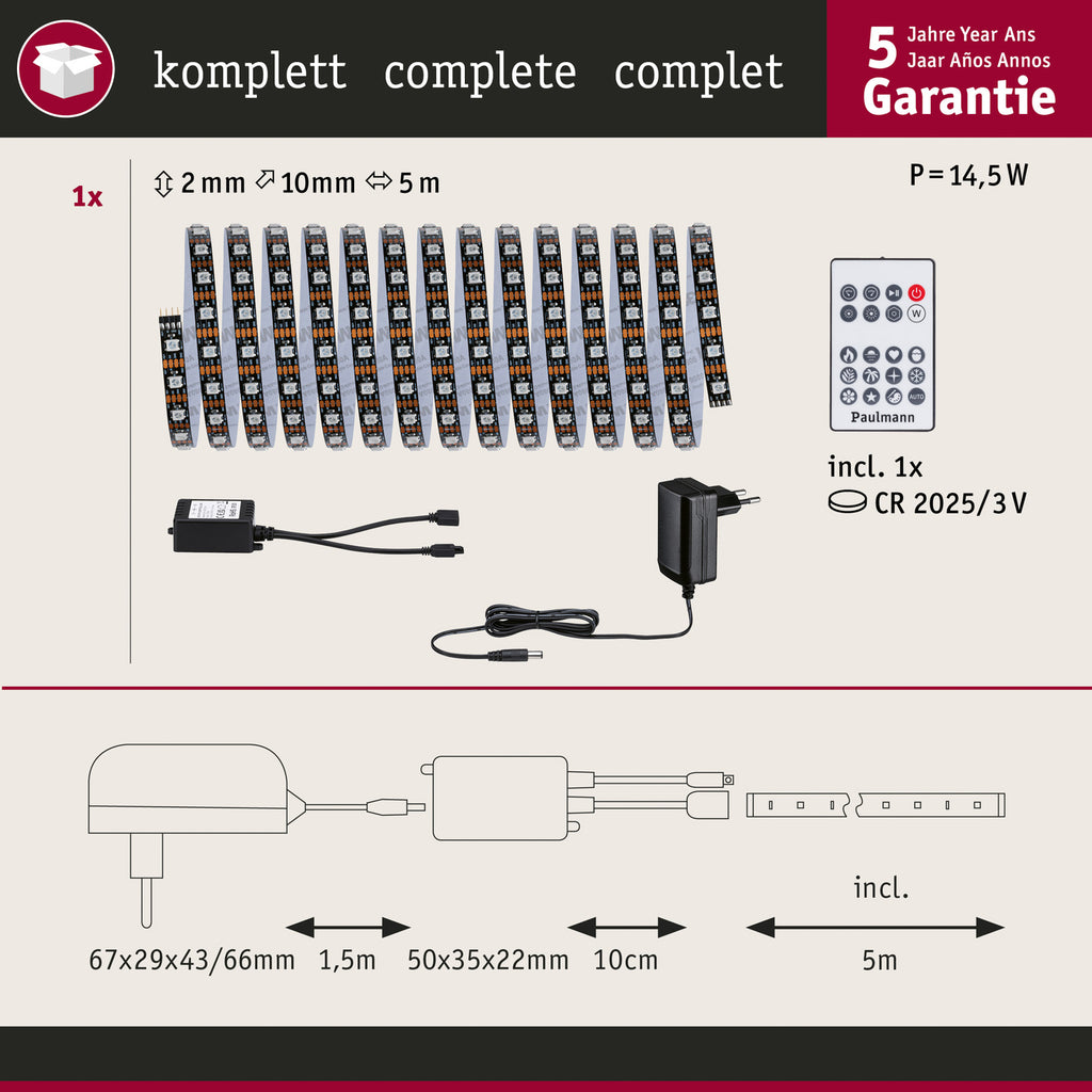 Pakkeinnhold LED-stripe EntertainLED RGB sett 5m dimbar med fjernkontroll - Paulmann