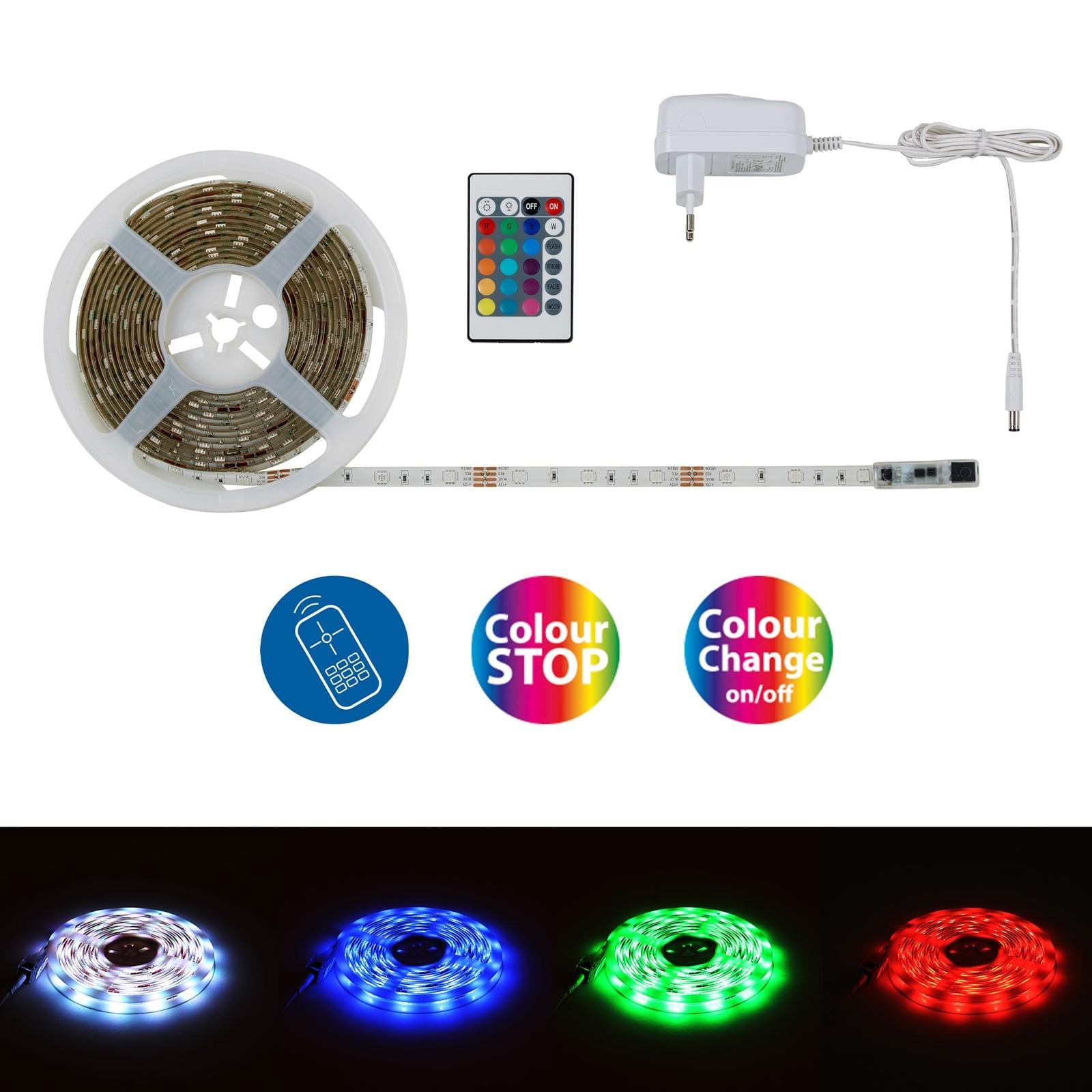 Bakside av LED-stripe Flow RGB selvklebende 500 cm med fjernkontroll