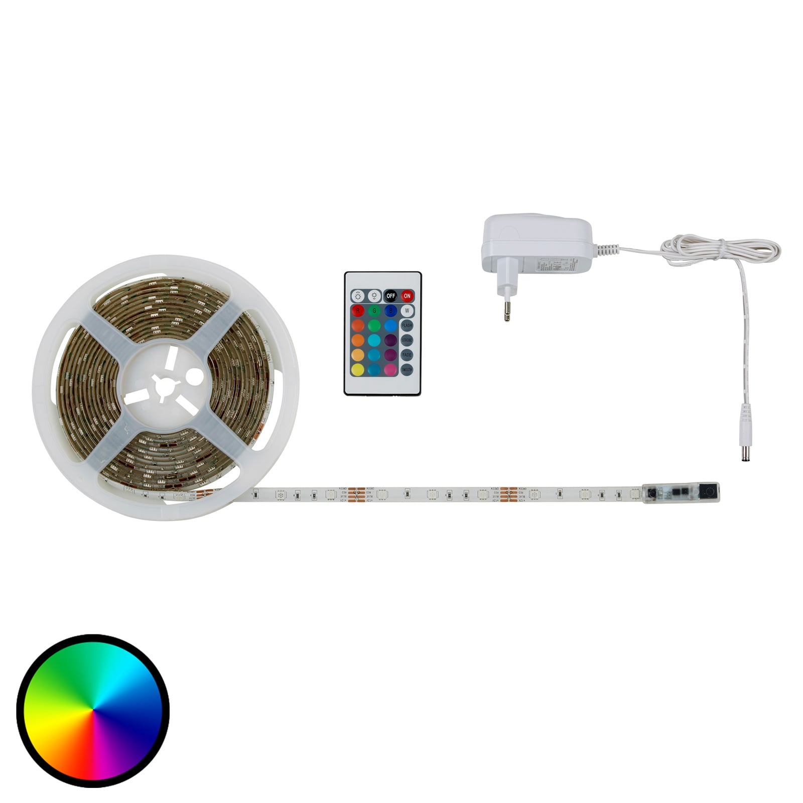LED-stripe Flow RGB selvklebende 500 cm med fjernkontroll forfra