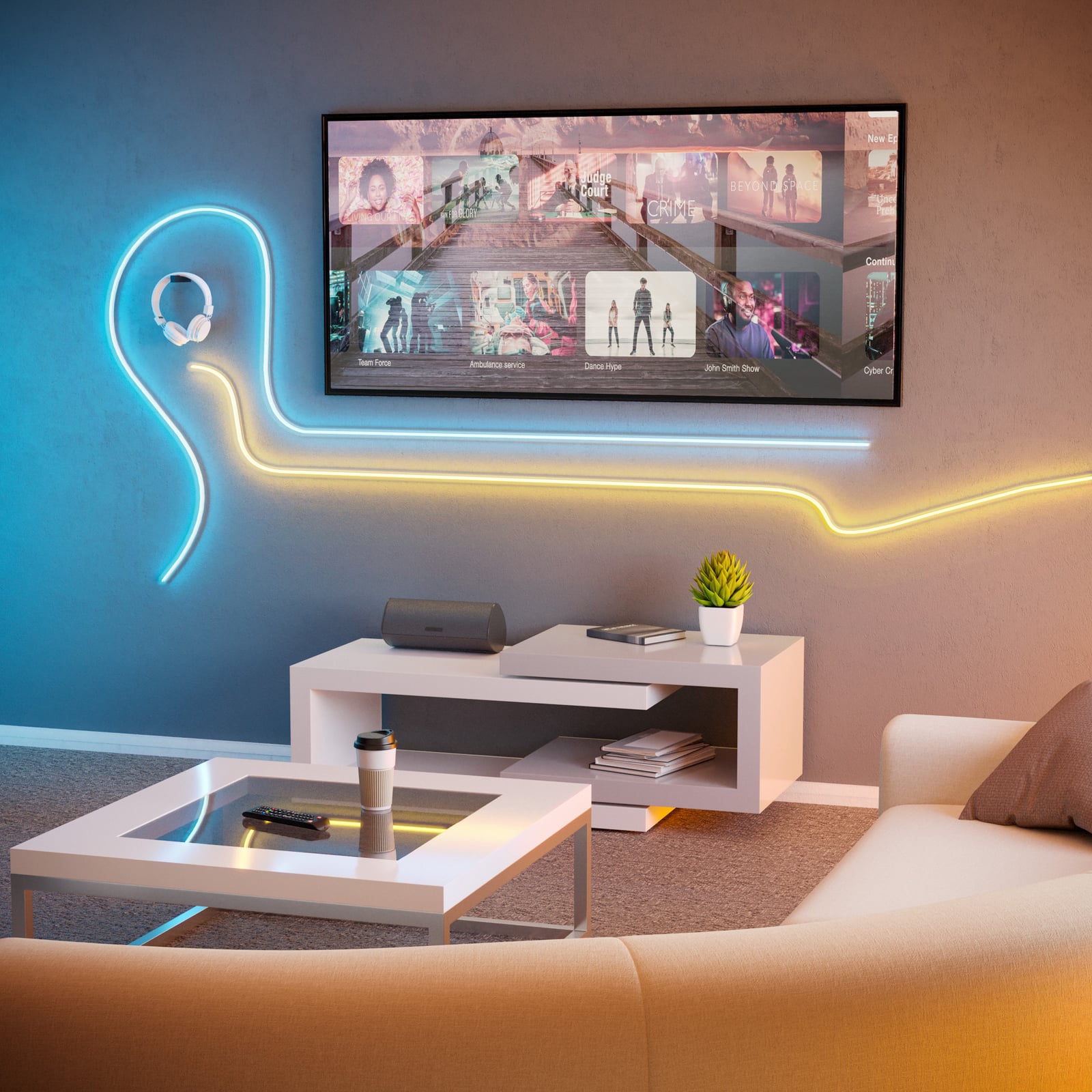 LED-stripe Neon Stripe-Z 5 m RGB CCT dimbar 30W montert i rom