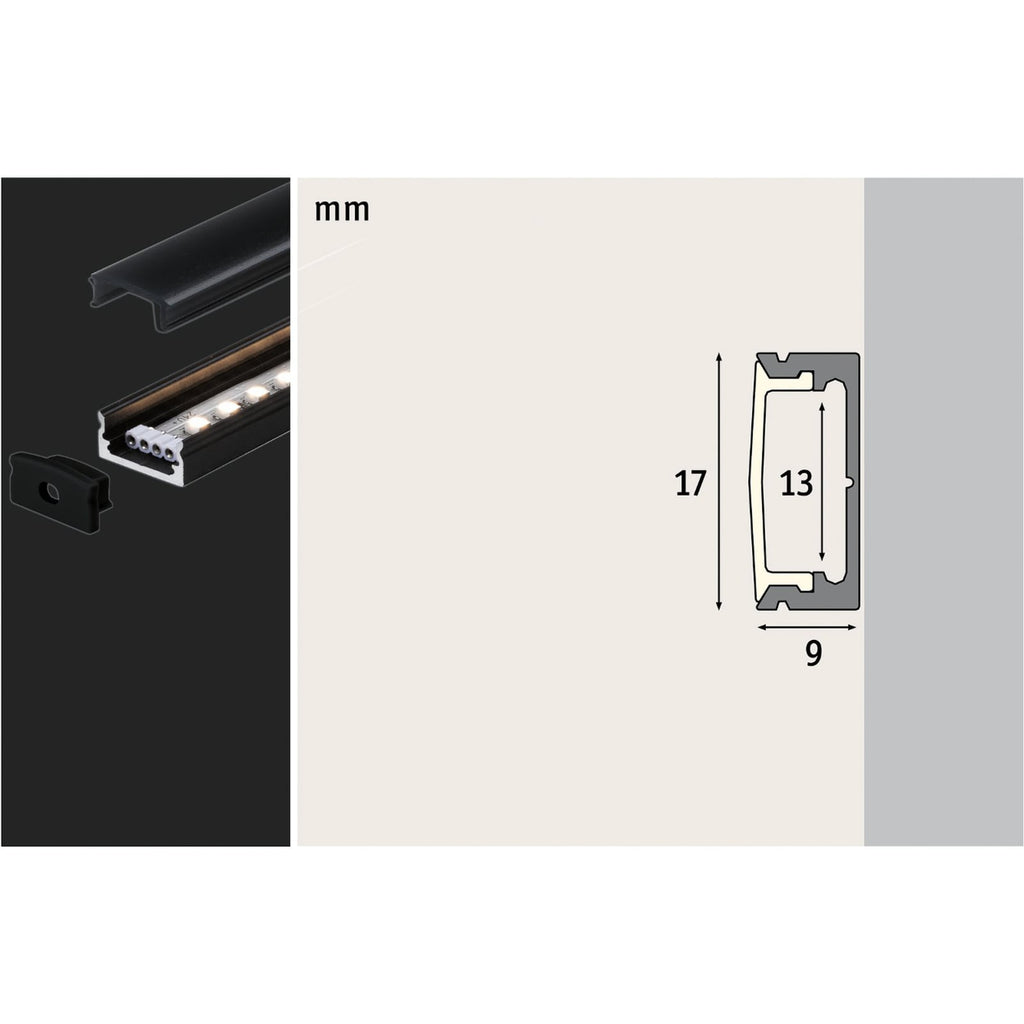 LED-stripe påbyggingsprofil Base svart diffusor 100 cm detalj