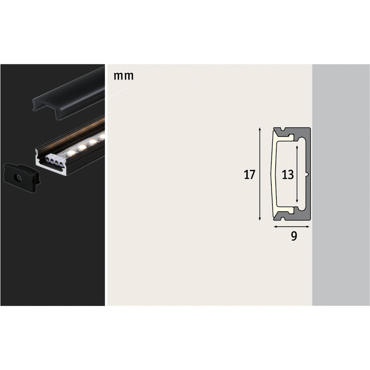 LED-stripe påbyggingsprofil Base svart diffusor 100 cm detalj
