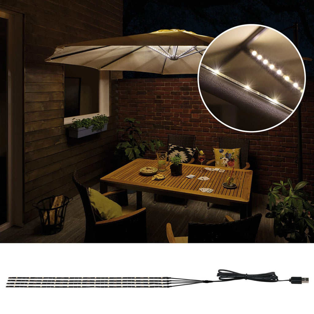 LED-stripe Parasol-Light 4x40 cm USB varmhvit montert på parasoll