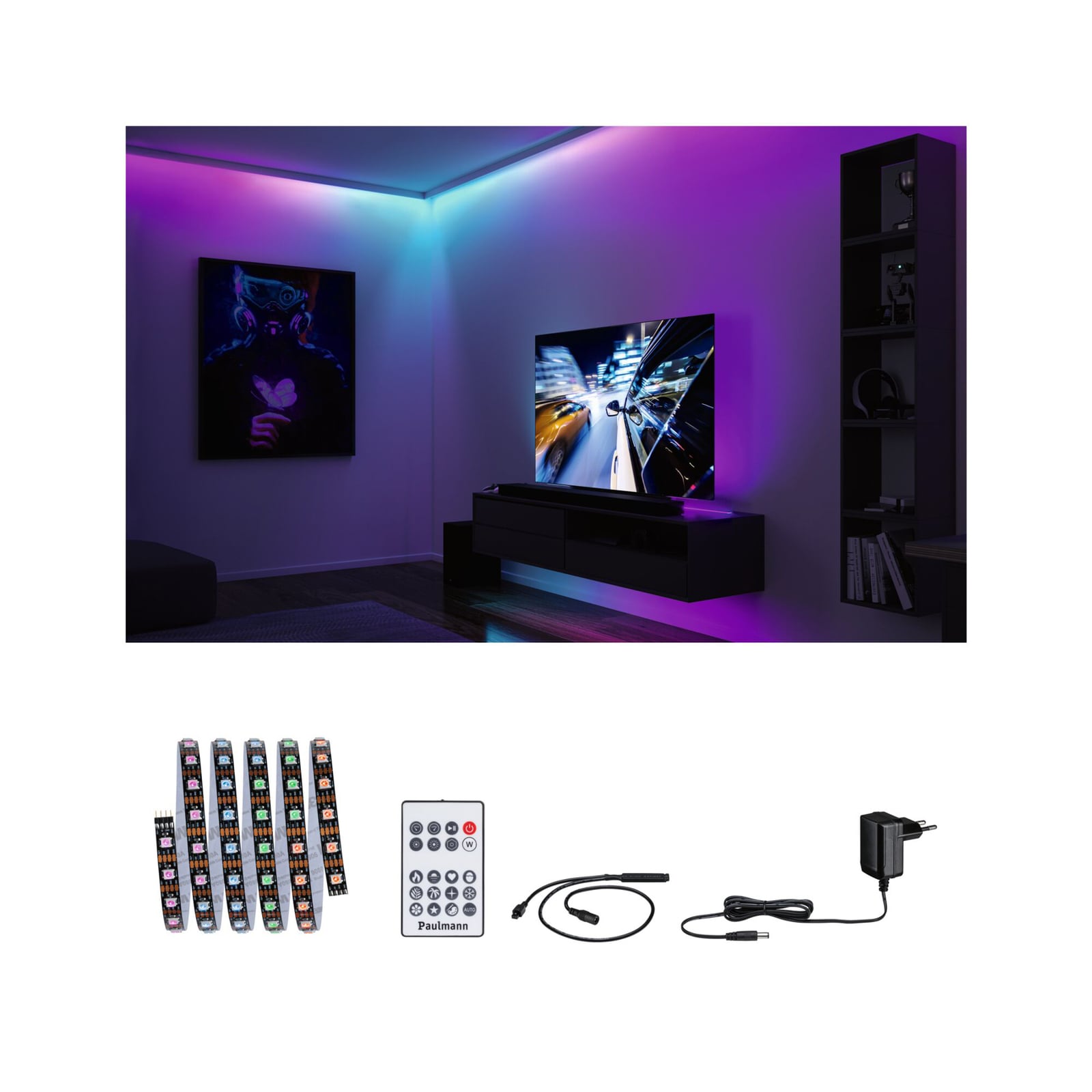 Nærbilde av LED-stripe RGB 1,5m komplettsett med fjernkontroll dimbar - Paulmann