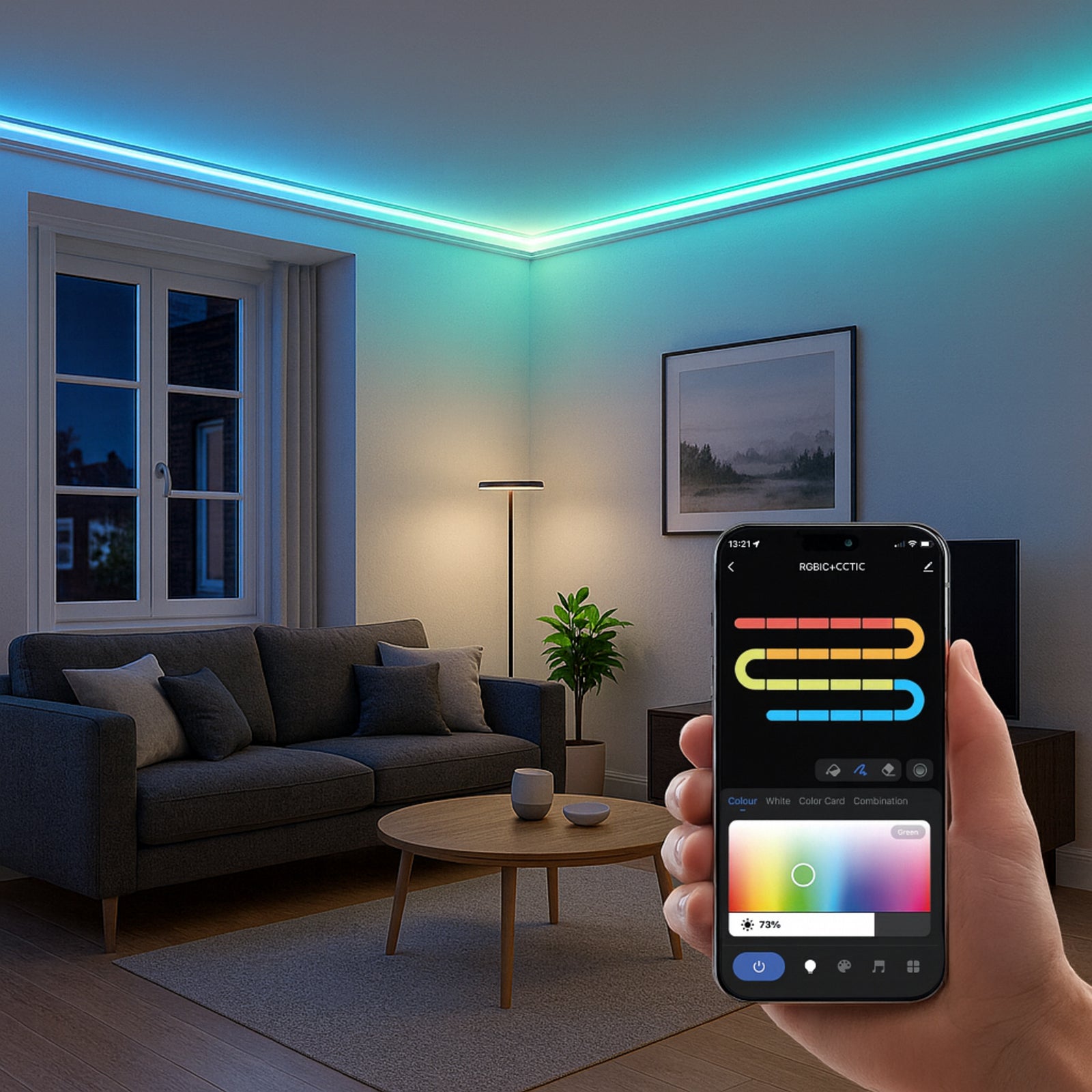 LED-stripe smart RGB CCT dimbar 30 m med fjernkontroll - Calex montert i rom