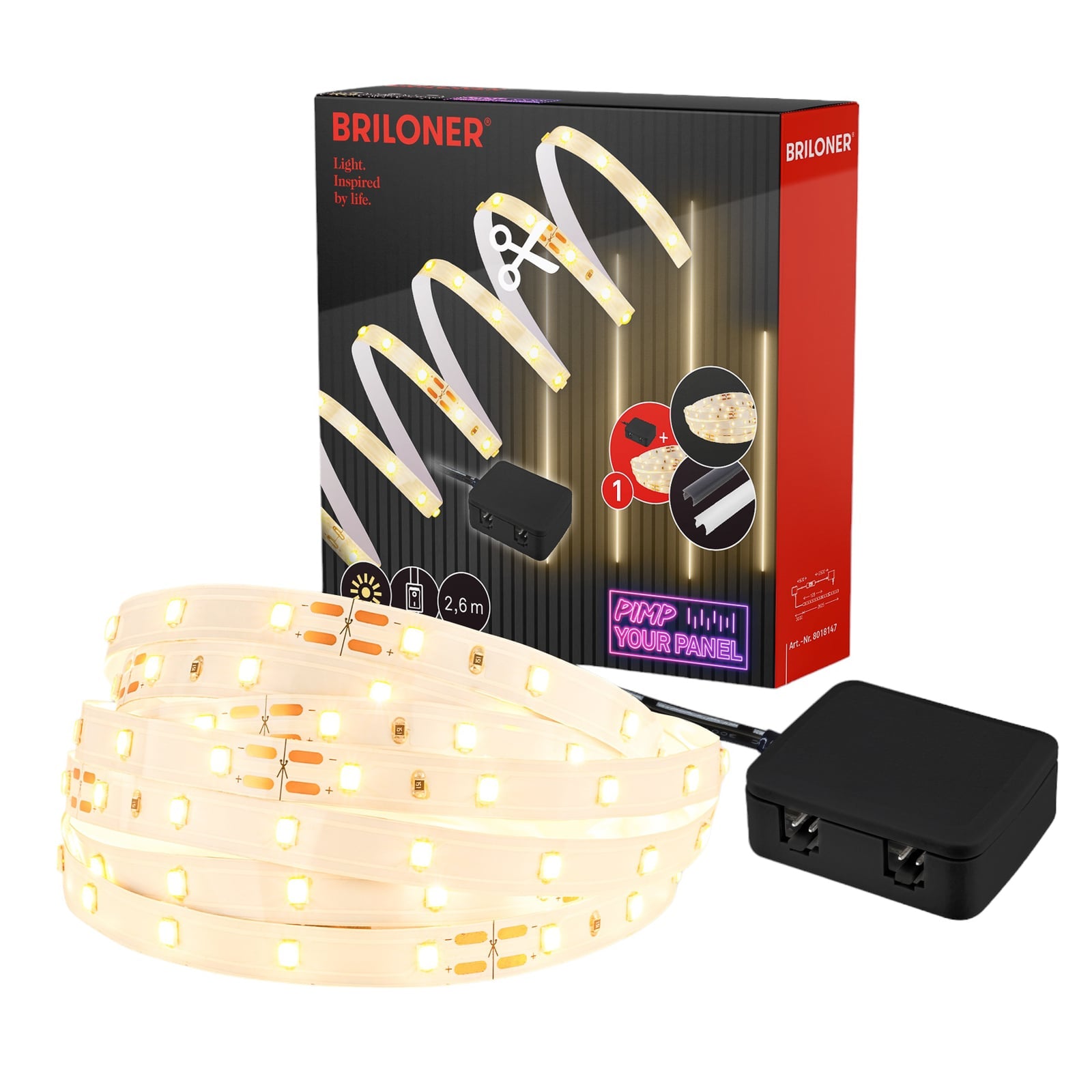 LED-stripe startsett 2,6m varmhvit 3000K 5W med bryter forfra