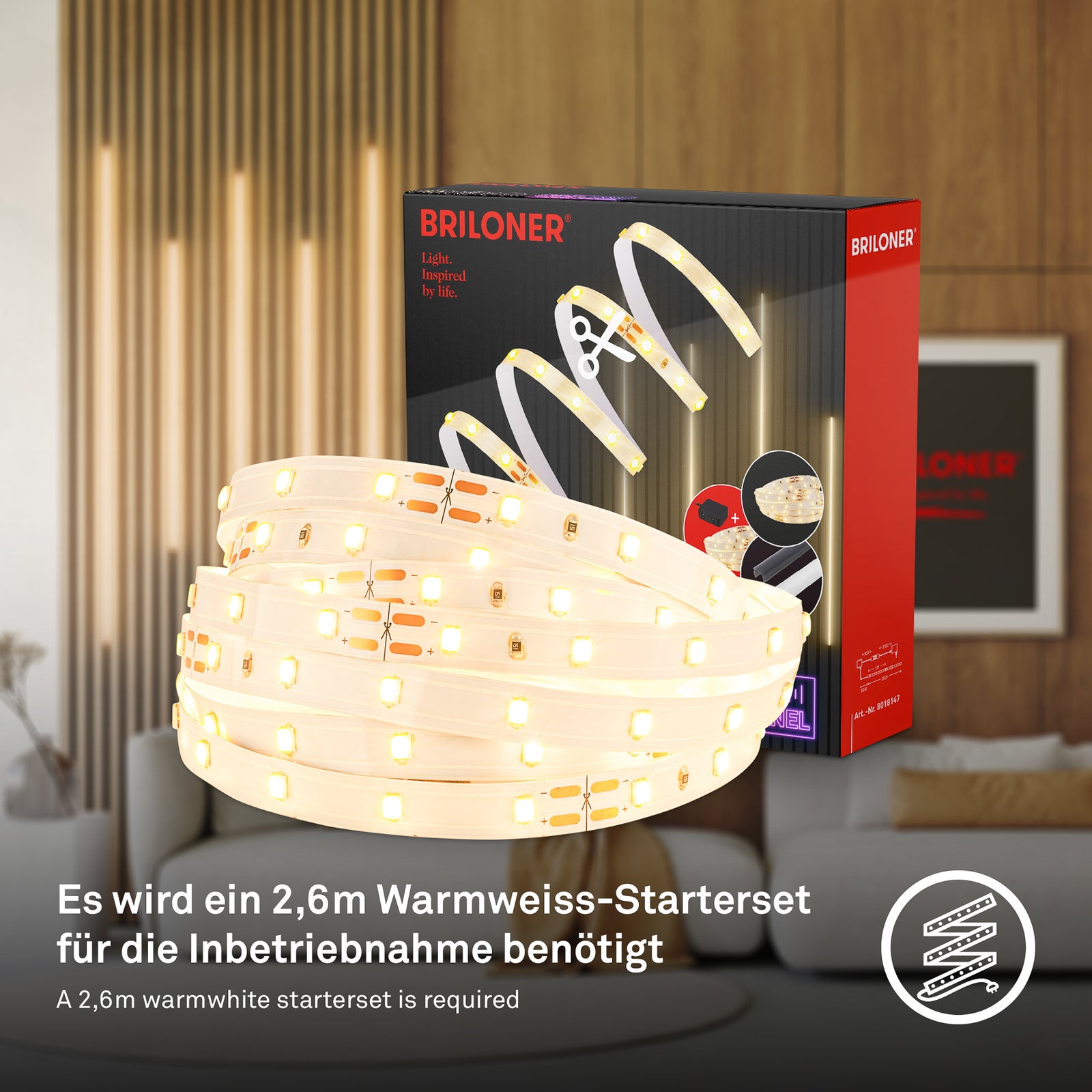 LED-stripe startsett 2,6m varmhvit 3000K 5W med bryter lys i rom