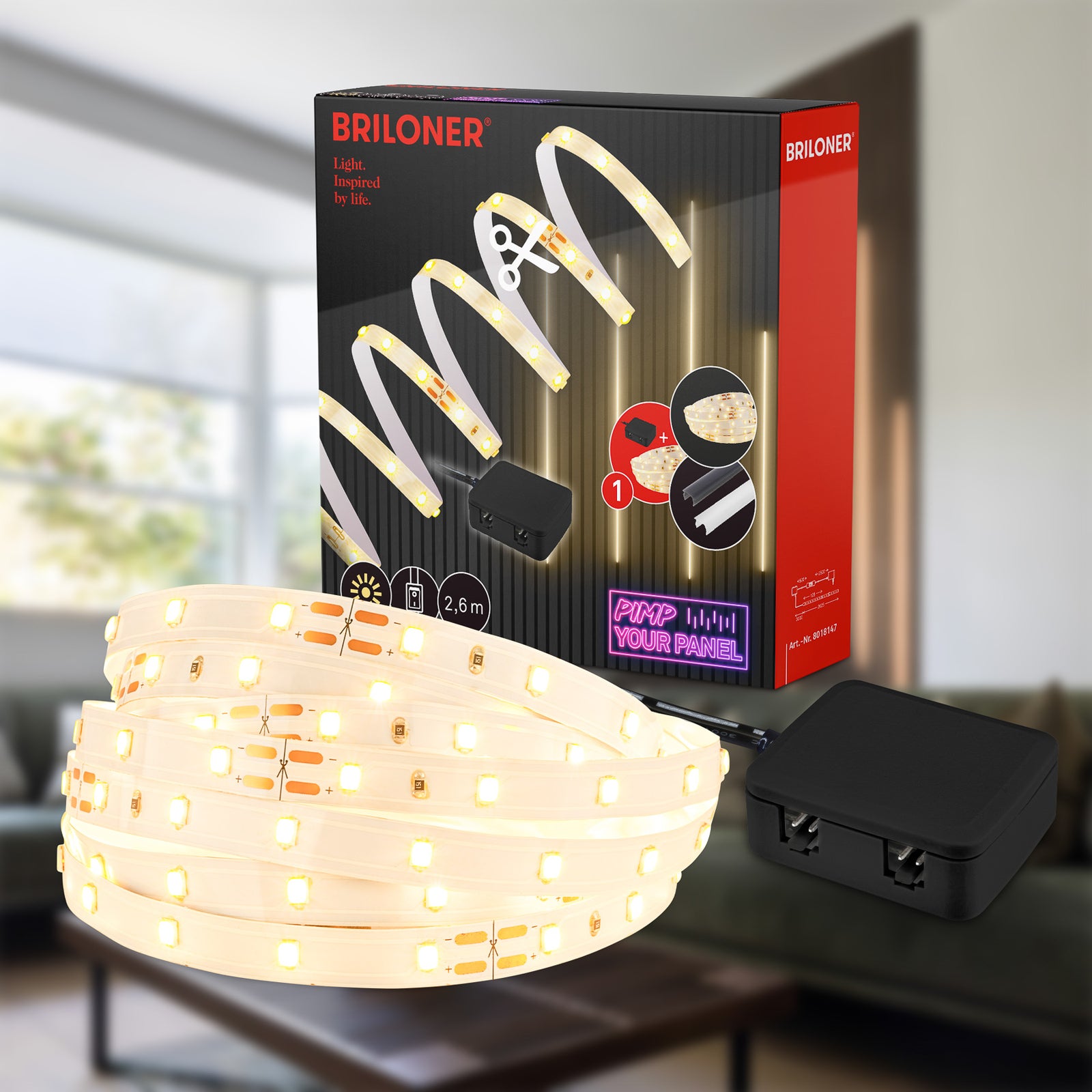 Montert LED-stripe startsett 2,6m varmhvit 3000K 5W med bryter