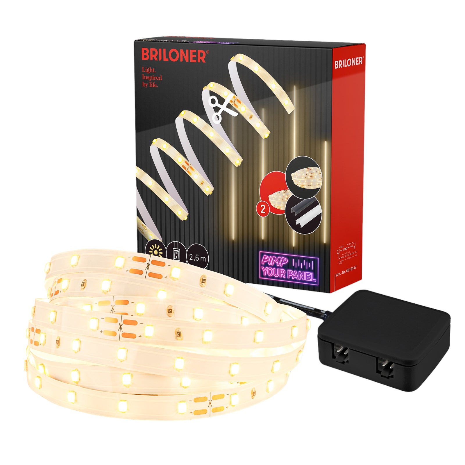 LED-stripe utvidelsessett 2,6 m 5W varmhvit - Briloner forfra
