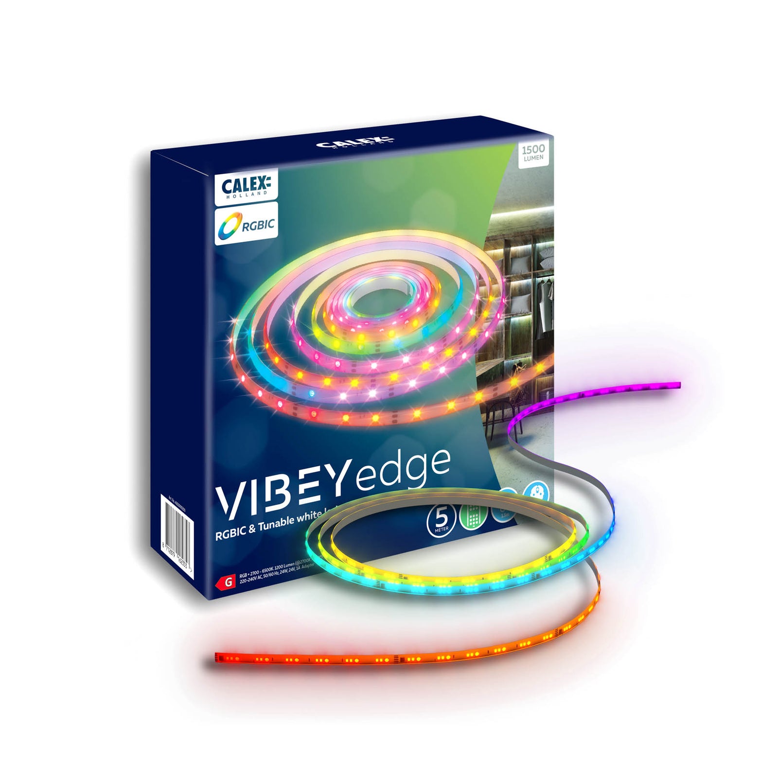 LED-stripe Vibey 5 m RGB CCT dimbar med fjernkontroll forfra