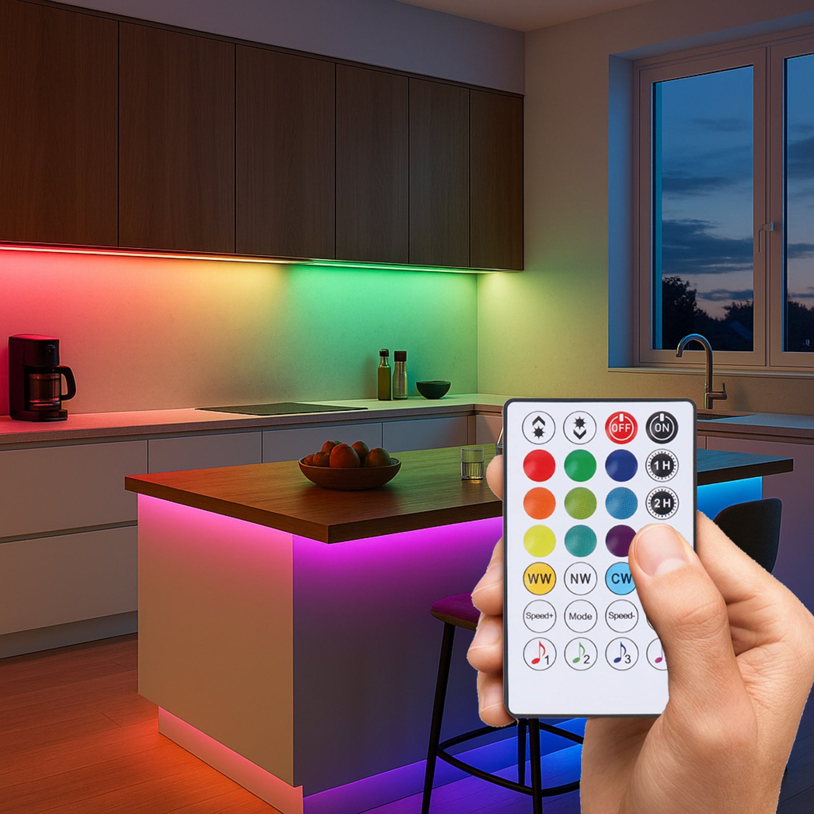 LED-stripe Vista RGB CCT dimbar med fjernkontroll 20 m montert