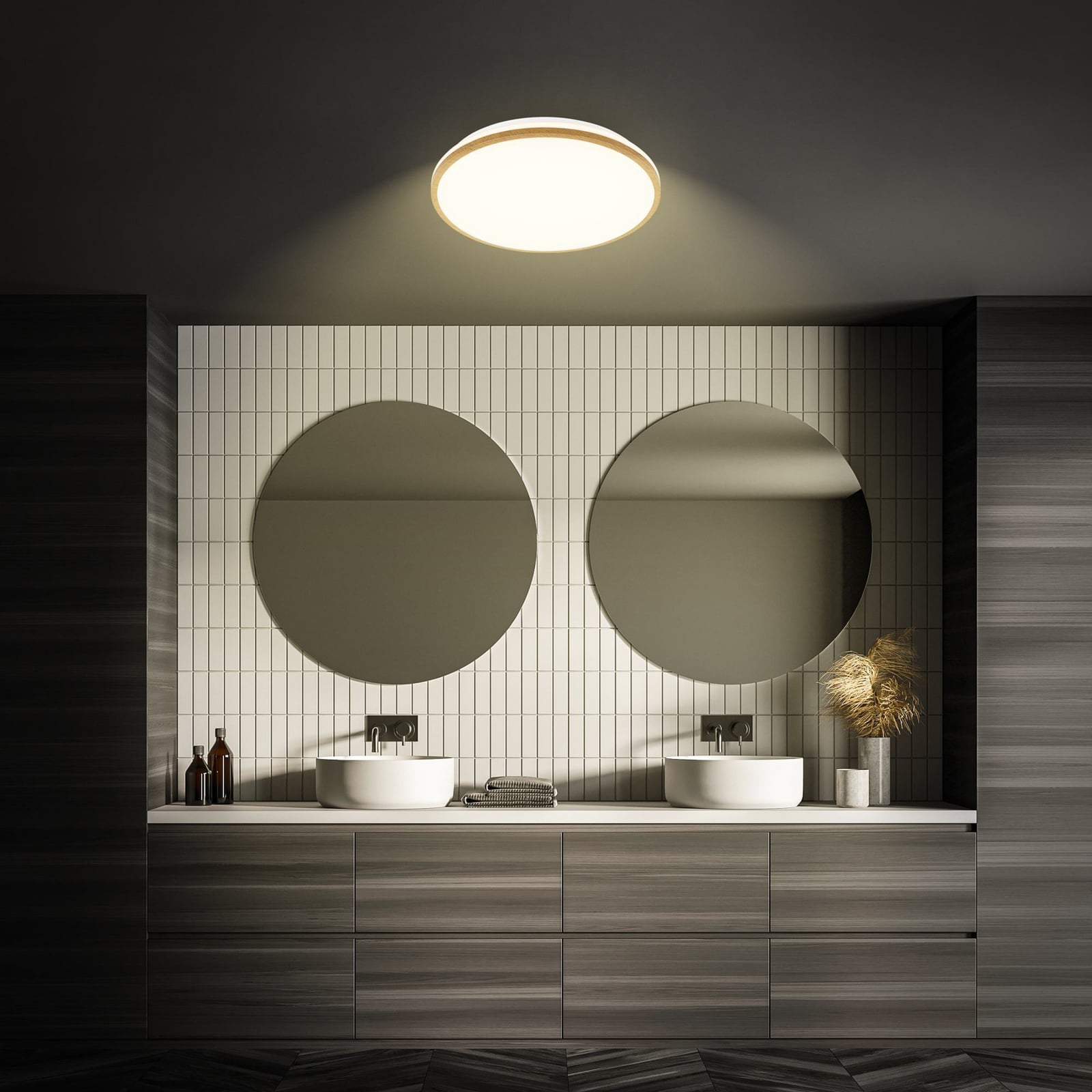 LED taklampe Acorus Ø33 cm hvit trefarget bakside