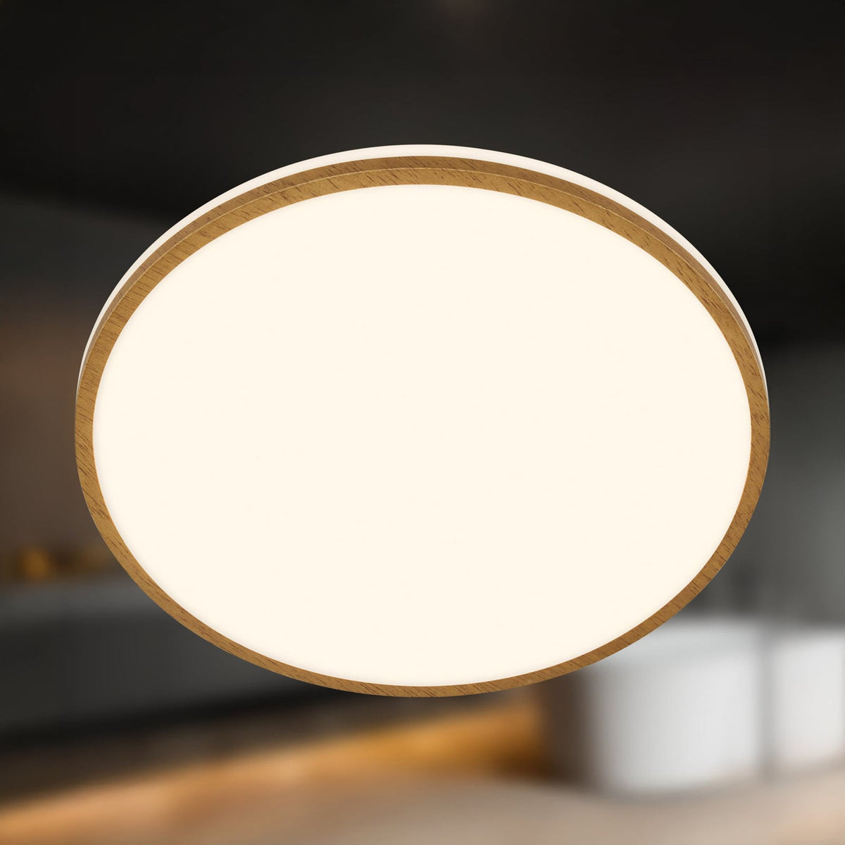 LED taklampe Acorus Ø33 cm hvit trefarget detalj