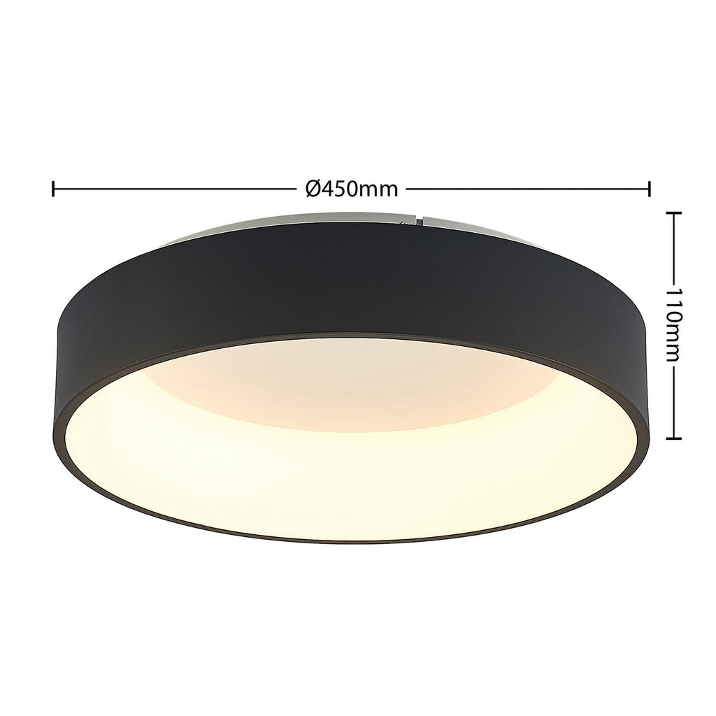 Nærbilde av LED taklampe Aleksi dimbar svart CCT Ø45 cm