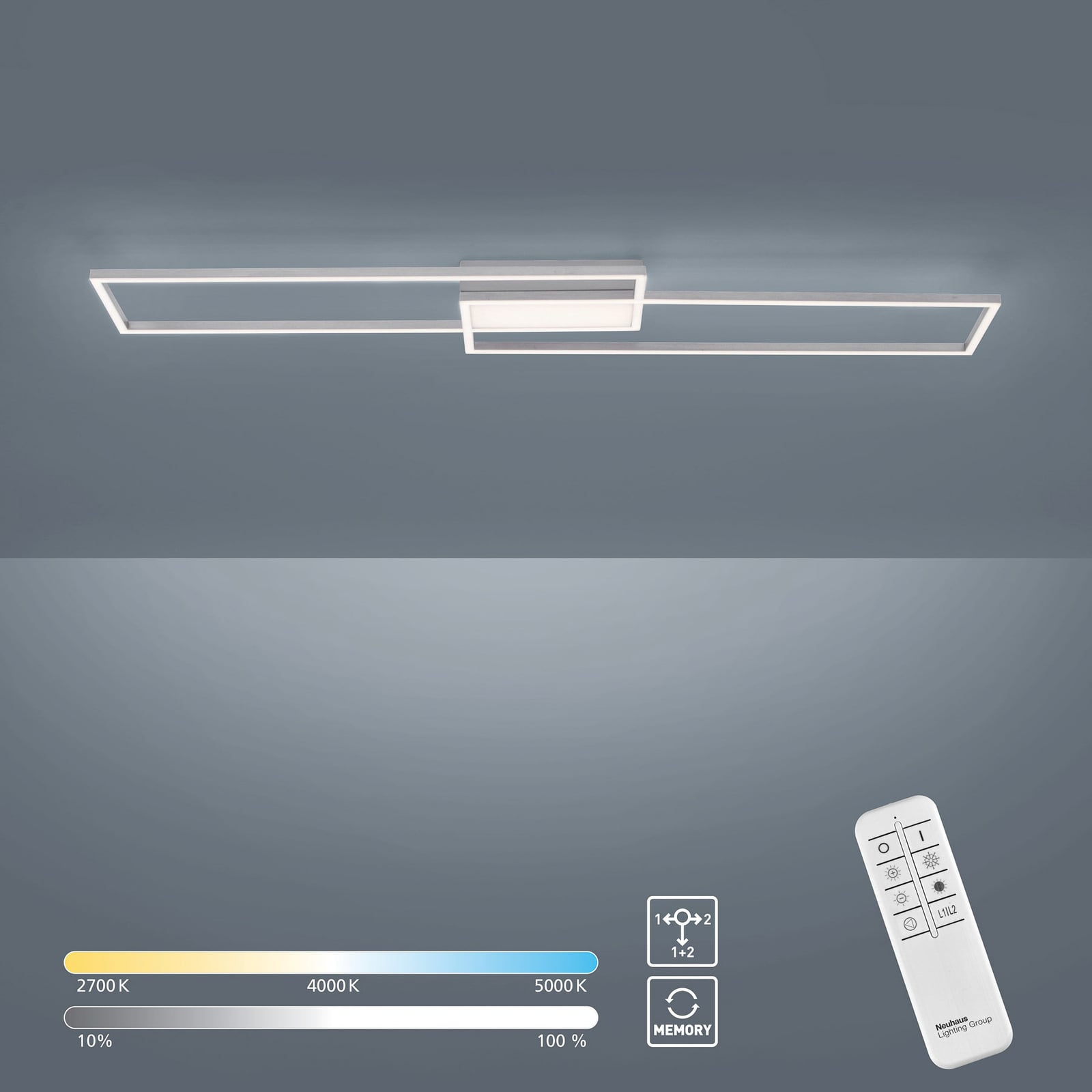 LED taklampe Asmin CCT dimbar stål 109,5x25,7 cm fjernkontroll