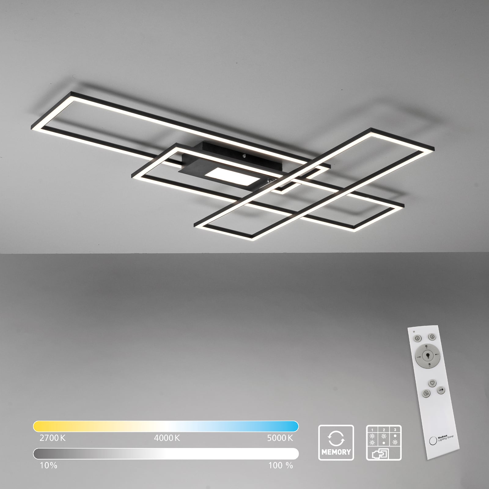 LED taklampe Asmin CCT dimbar svart 99x69 cm fjernkontroll og batterier