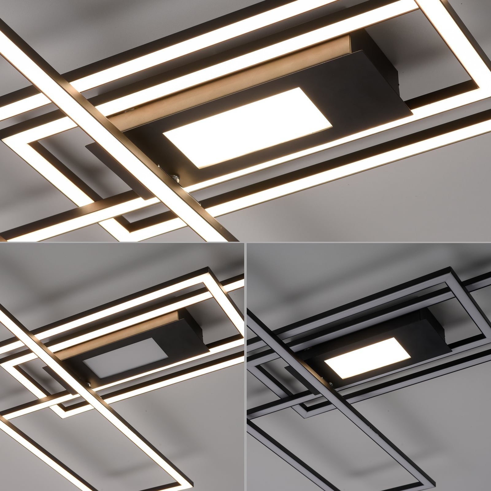 LED taklampe Asmin CCT dimbar svart 99x69 cm med lys på